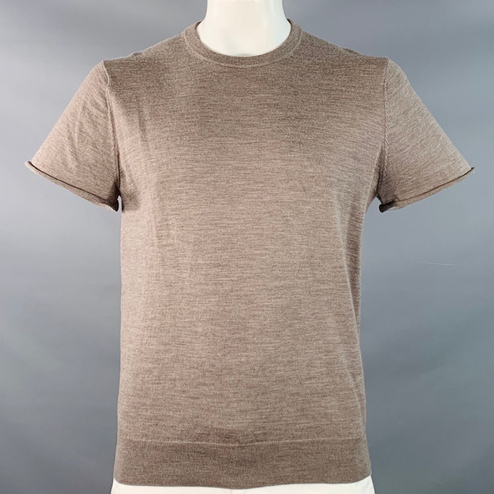 Suitsupply Brown Heather Knit Merino Wool Jersey Crew Neck T-shirt Size US XL / EU 56 / 4 - 1 Thumbnail