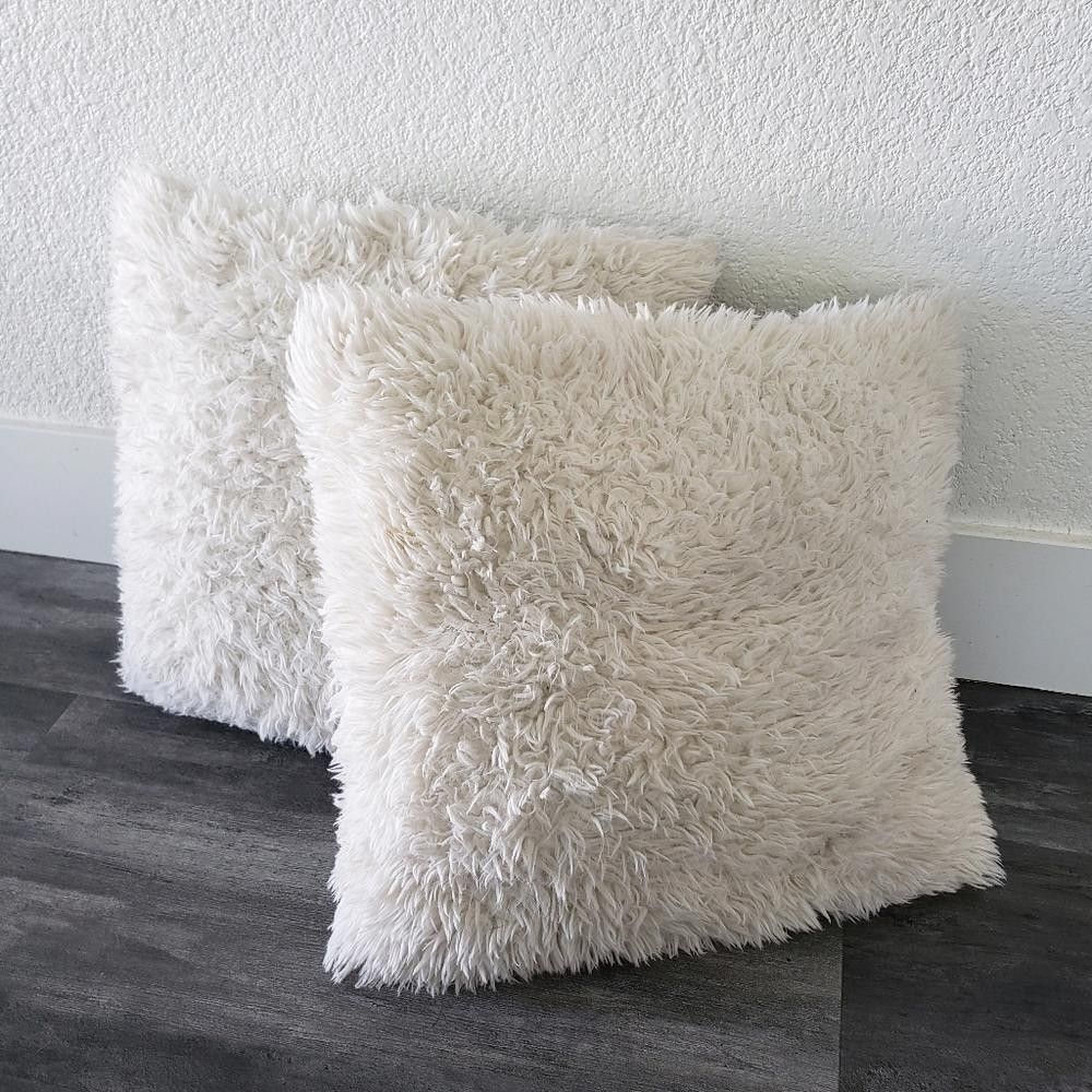 Designer White Faux Fur Detailed Decor Pillow Size ONE SIZE - 2 Thumbnail