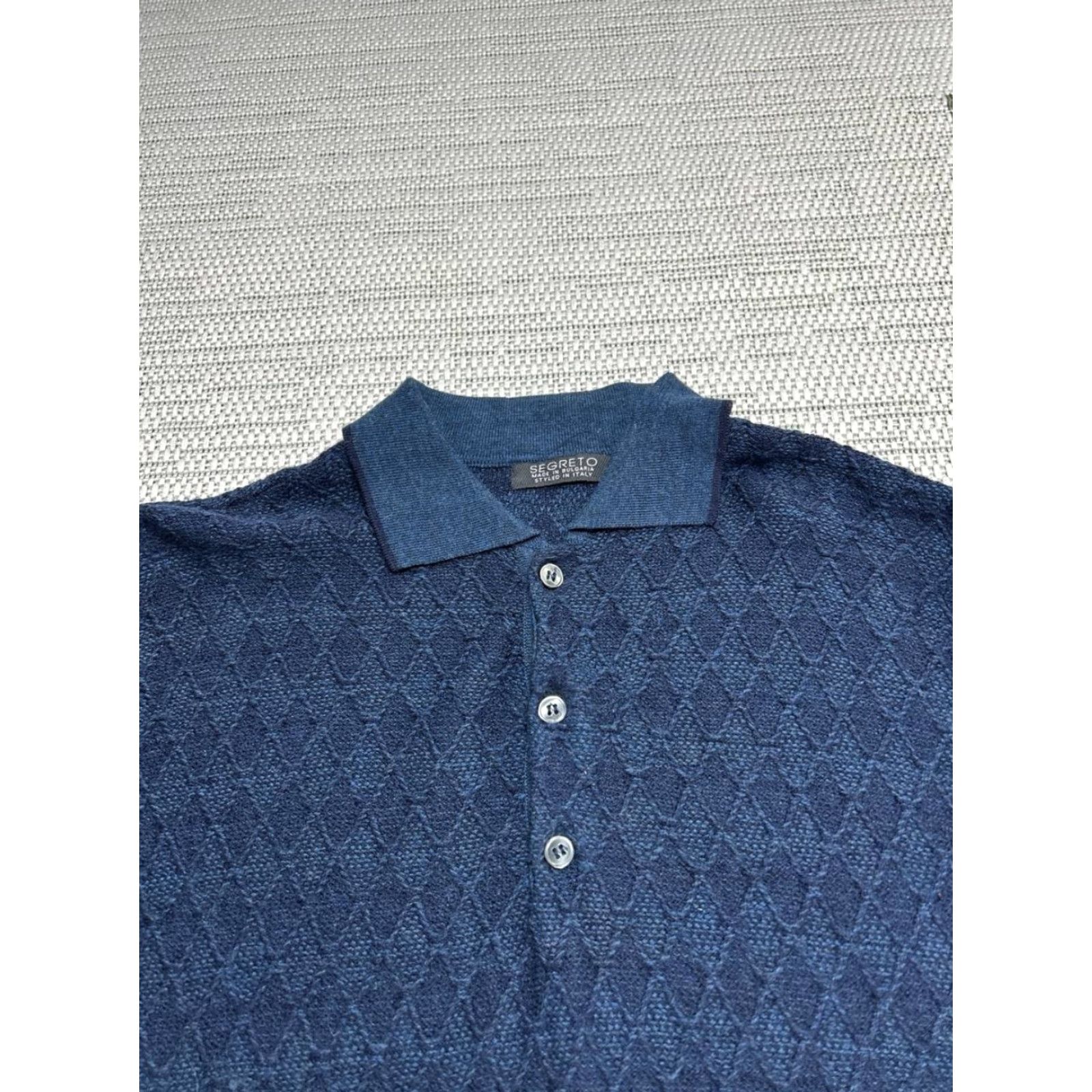 Vintage Segreto Mens Polo Sweater Diamond Textured Knit Wool Blue M Adult Regular Size US M / EU 48-50 / 2 - 2 Thumbnail