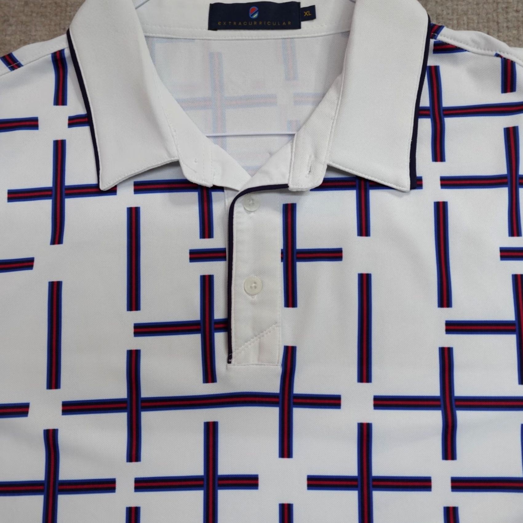 Vintage Extracurricular Polo Shirt XL White Geometric Print Performance Polo Shirt Mens Short Sleeve Collared Pullover Polyester Spandex Blended Fabric Summer Size US XL / EU 56 / 4 - 2 Thumbnail
