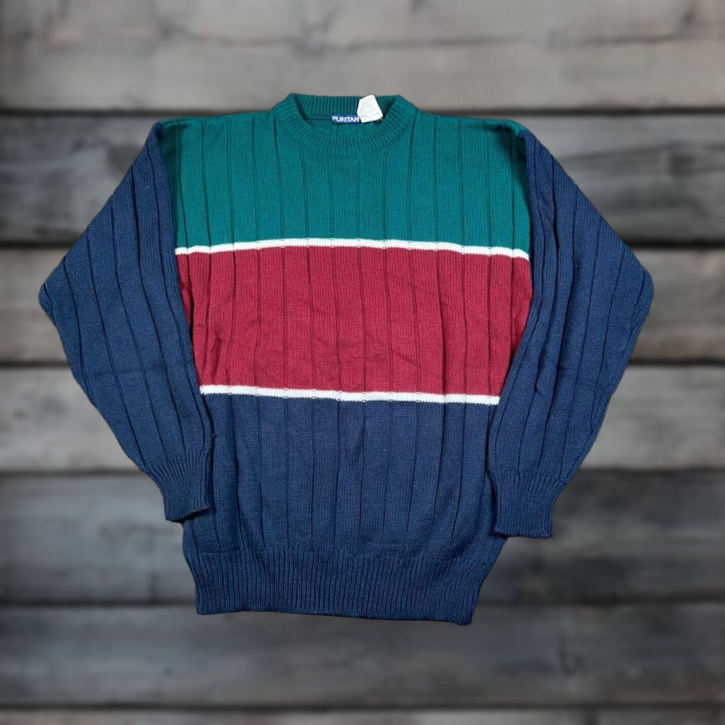 Vintage VTG 90s Striped Pattern Sweater Adult Medium (Large Tag) Blue Red Ribbed Knit Puritan Men Pullover Crew Neck Long Sleeve Casual Classic Knit Jumpers Size US M / EU 48-50 / 2 - 1 Thumbnail