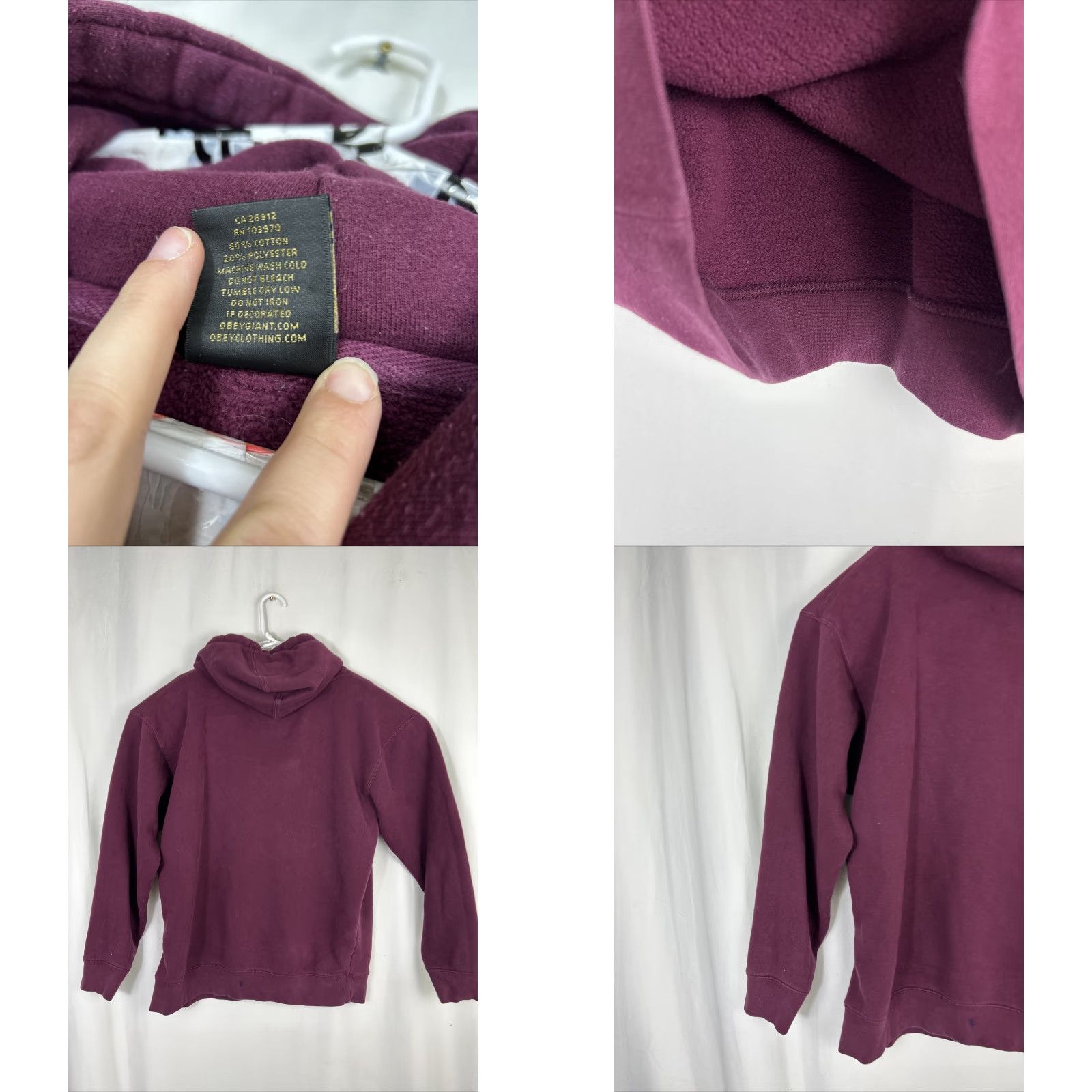 Obey VINTAGE Obey Hoodie - Mens Large Pullover Maroon “OG” Bleach Stain Back Stain Red Cotton Blend Size US L / EU 52-54 / 3 - 8 Thumbnail