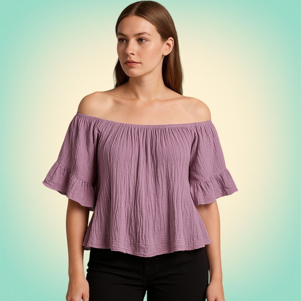 Vintage Boho Lilac Crinkle Cotton Off Shoulder Top Cottagecore M Size M / US 6-8 / IT 42-44 - 1 Thumbnail