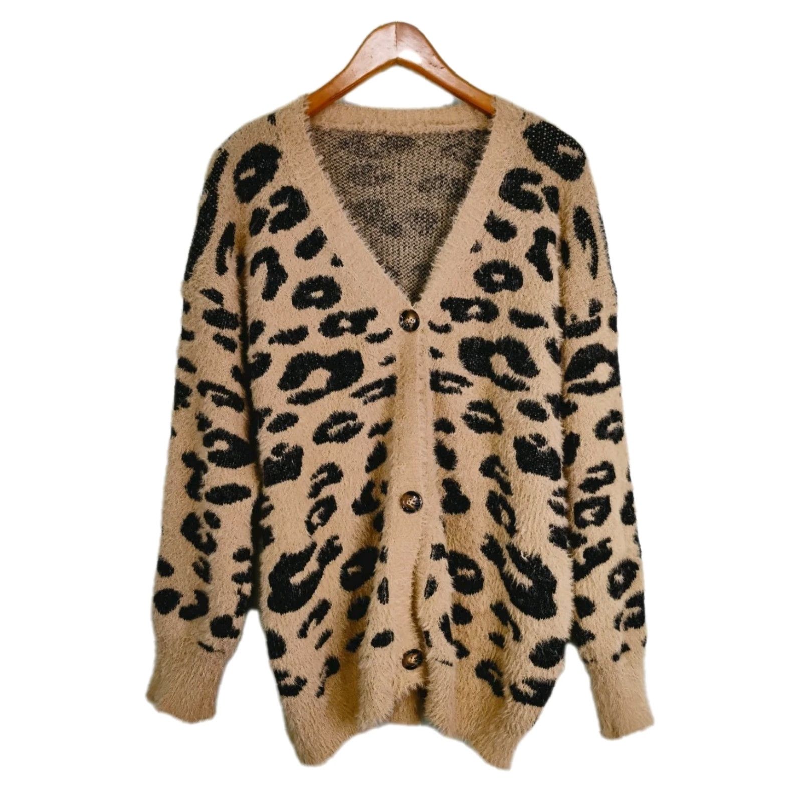 Vintage Vestidos Leopard Cardigan Sweater Brown Size M V-Neck Button Long Sleeve Faux Fur Womens Cardigan Size M / US 6-8 / IT 42-44 - 2 Thumbnail
