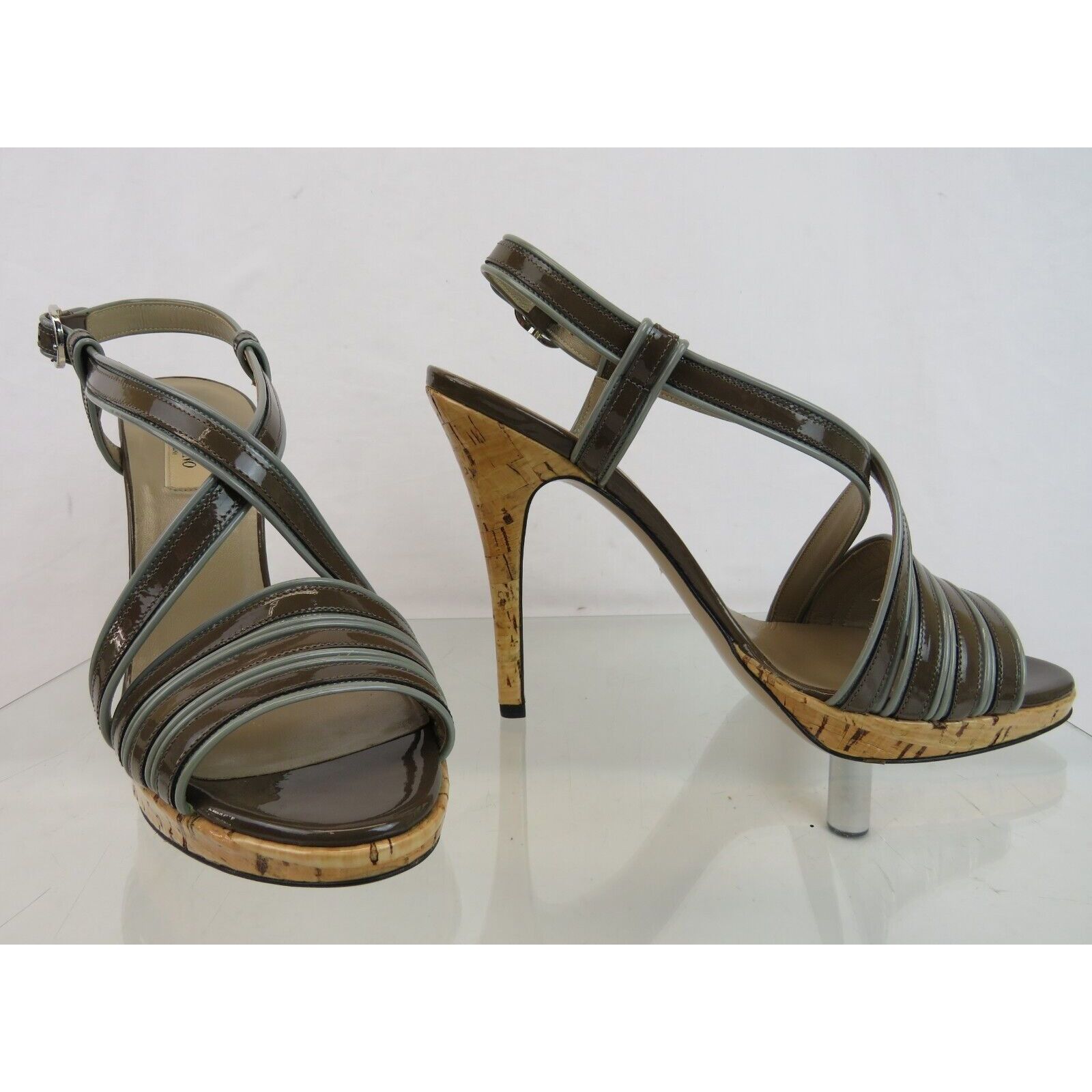 Valentino TAUPE GRAY STRAPPY PATENT LEATHER CORK SANDALS PUMPS 39.5 Size US 9.5 / IT 39.5 - 9 Thumbnail