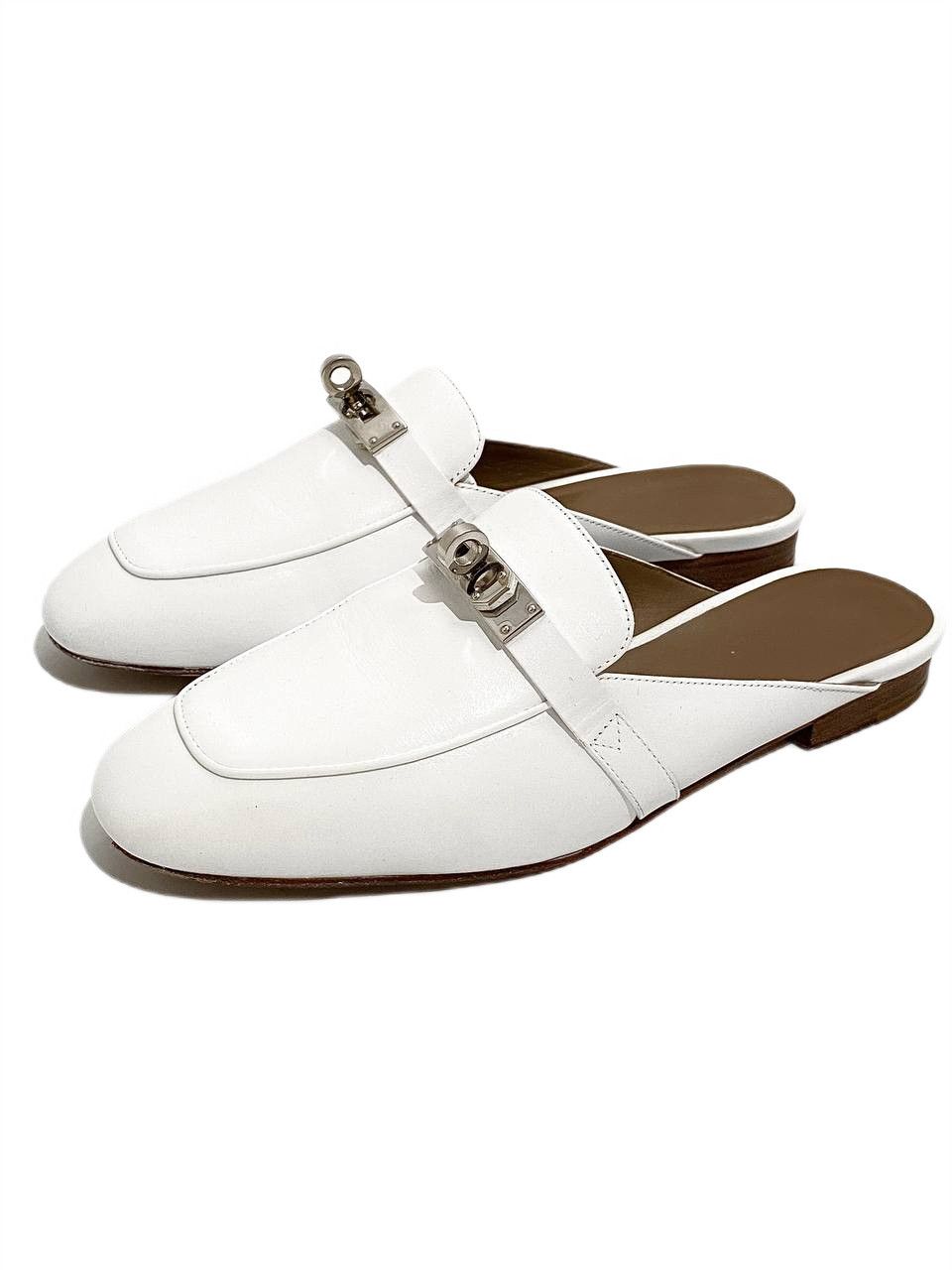 Hermes Hermes Kelly Buckle Logo White Leather Oz Flat Mules Shoes Size US 5 / IT 35 - 1 Thumbnail