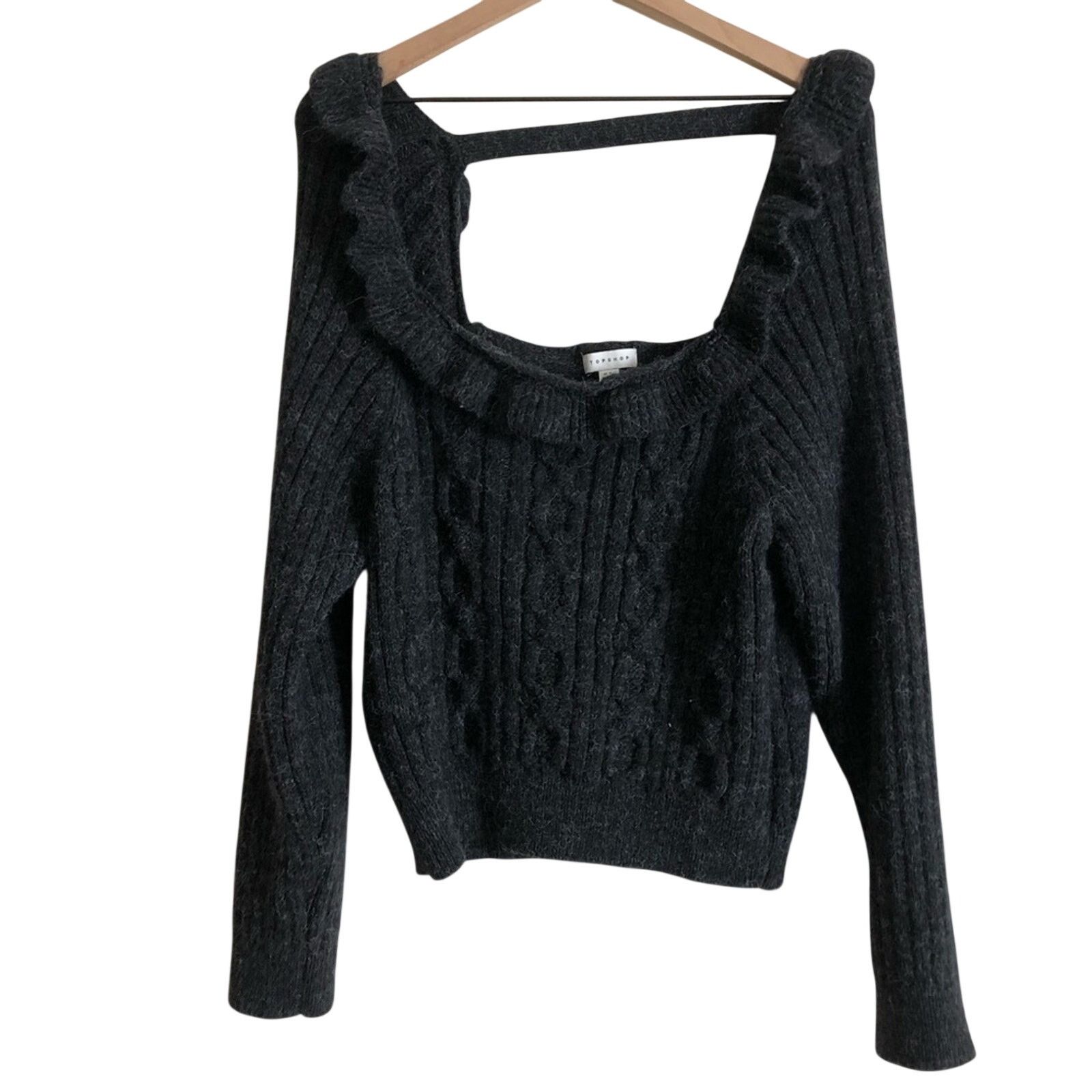 Topshop Topshop Cable Knit Open Back Ruffle Square Neck Gray Sweater Size XL / US 12-14 / IT 48-50 - 3 Thumbnail