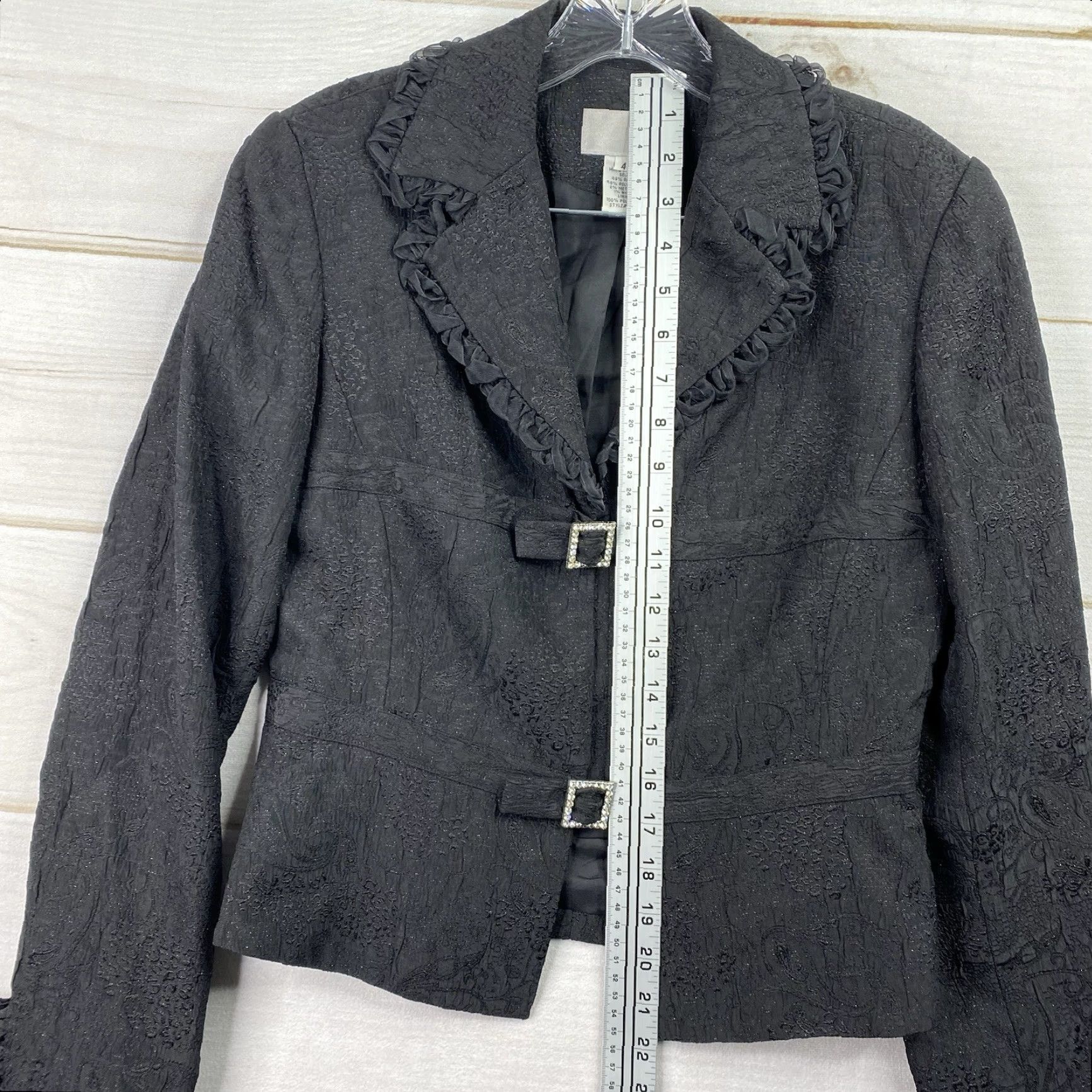 Vintage VINTAGE Spiegel Blazer Womens 4 Black Metallic Textured Lined Ruffled Trim Y2K 90s Blazer Womens 4 Black Size S / US 4 / IT 40 - 6 Thumbnail