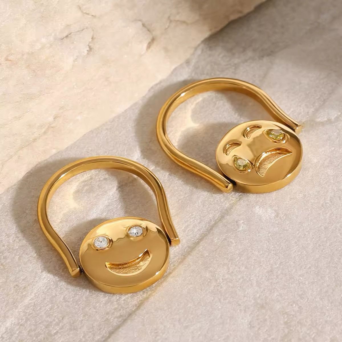Designer × Jewelry Set of 2 Smiley Face Minimalist Stainless Steel Cute Rings Size ONE SIZE - 5 Thumbnail