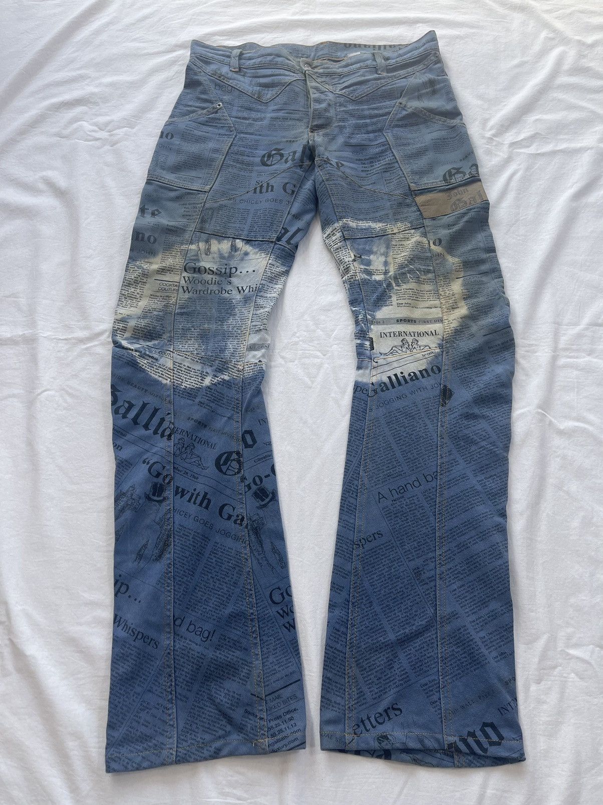 image of John Galliano 2000S J-Cut Panel Leather Patch Gazette Newspaper Denim in Blue, Men's (Size 34)