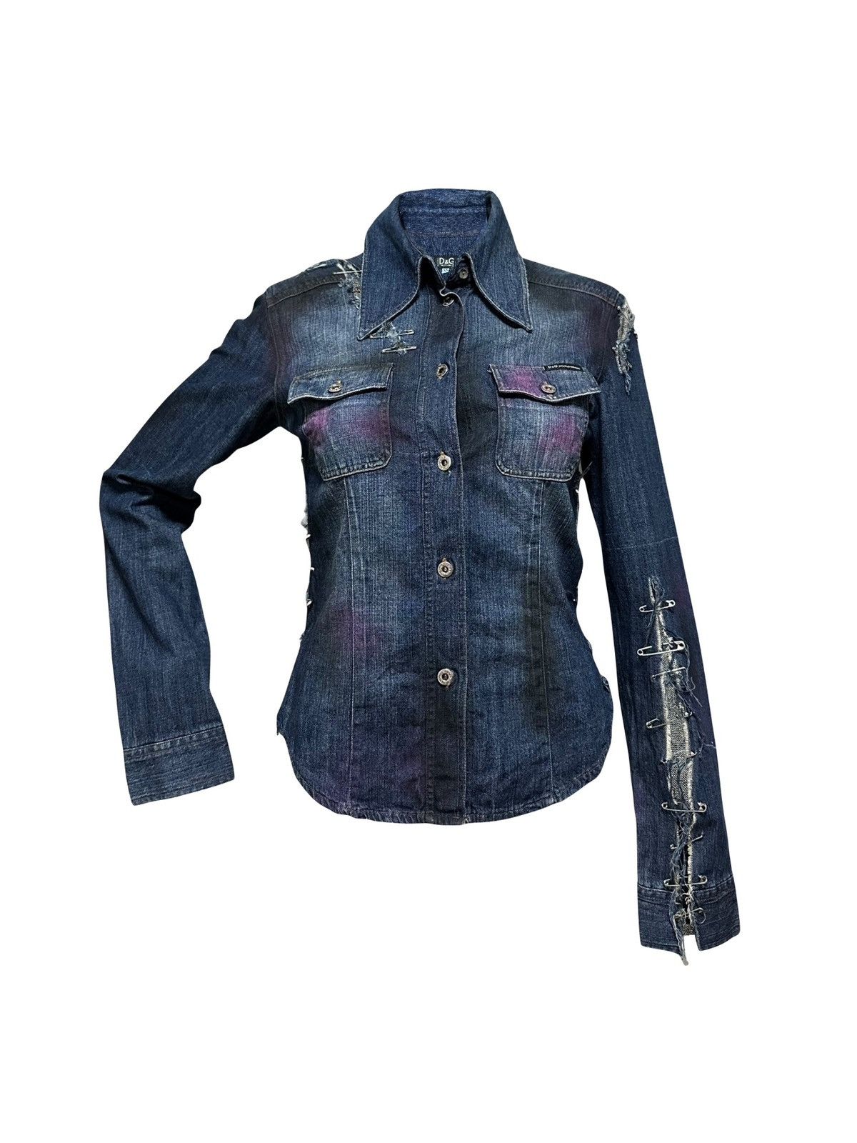 image of Dolce Gabbana D&g Safety Pin Denim Shirt in Navy, Women's (Size XS)