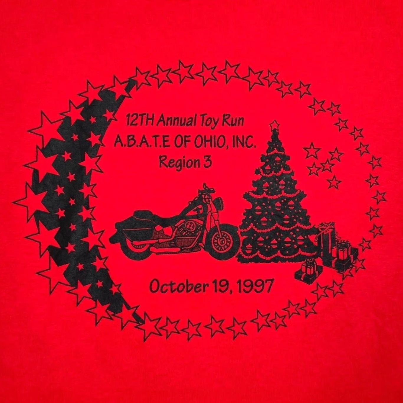 Fruit Of The Loom Vintage Abate Of Ohio 1997 12th Annual Toy Run Biker Souvenir Graphic T-Shirt L Mens Red XL? Size US L / EU 52-54 / 3 - 3 Thumbnail