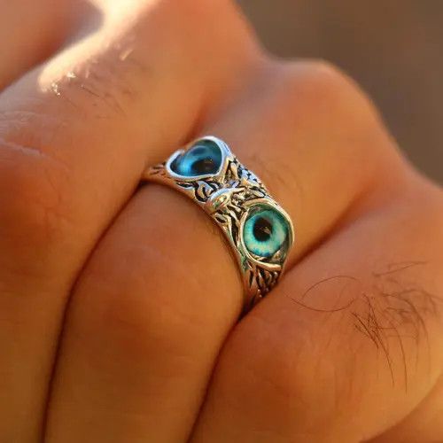 Jewelry Blue-Eyed Owl Ring, Gothic Jewelry, Adjustable Ring Size ONE SIZE - 5 Thumbnail