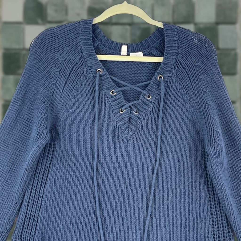 Anthropologie Moth Blue Cable Knit Sweater Womens Lace Up V-Neck Long Sleeve Size Small Size S / US 4 / IT 40 - 1 Thumbnail