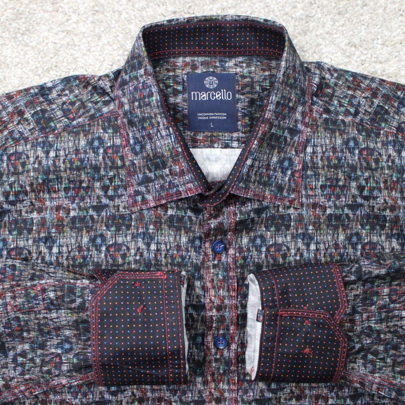 Vintage Marcello Shirt Men L Grey/Blue/Orange Geometric Button-Up Long Sleeve Cotton Shirt Size US L / EU 52-54 / 3 - 2 Thumbnail