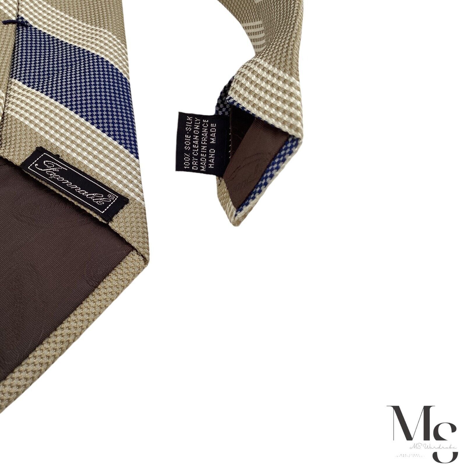 Faconnable FAÇONNABLE XL Blue & Beige Striped Silk Tie Hand Made In Fra Size ONE SIZE - 4 Thumbnail