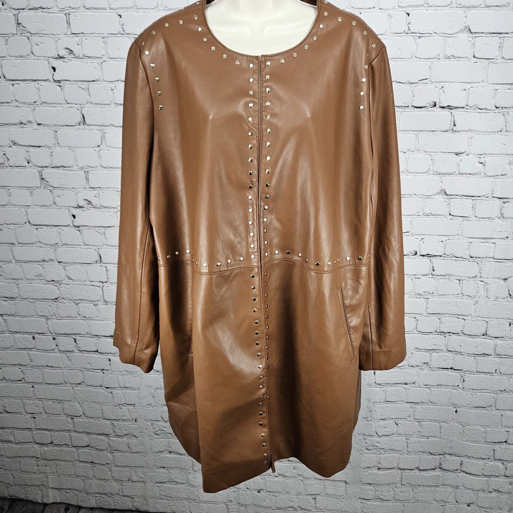Vintage Chico's Brown Faux Leather Gold Studded Lined Hook & Eye Jacket Coat 4 US 20/22 Size S / US 4 / IT 40 - 2 Thumbnail