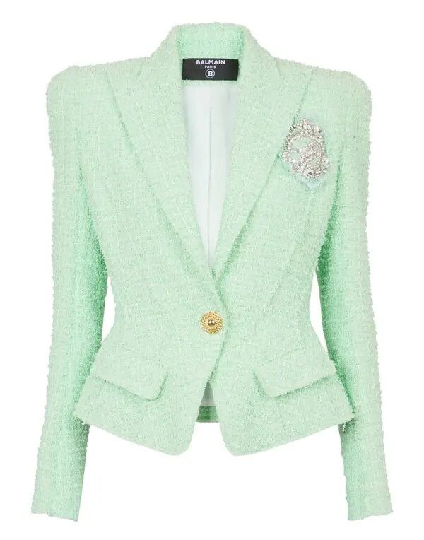 Balmain o1s1wg110825 Tweed Jacket in Green Size M / US 6-8 / IT 42-44 - 3 Thumbnail