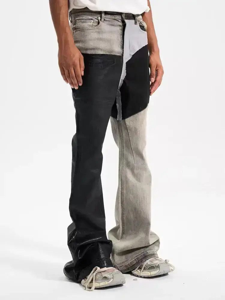 High street patchwork contrast coated waxed bootcut jeans