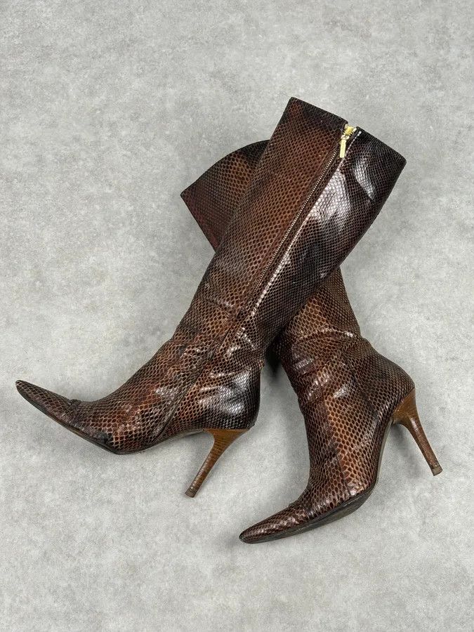 Dolce & Gabbana 2000s Dolce & Gabbana Brown Python Leather Knee-High Heeled Boots Size US 8 / IT 38 - 9 Thumbnail