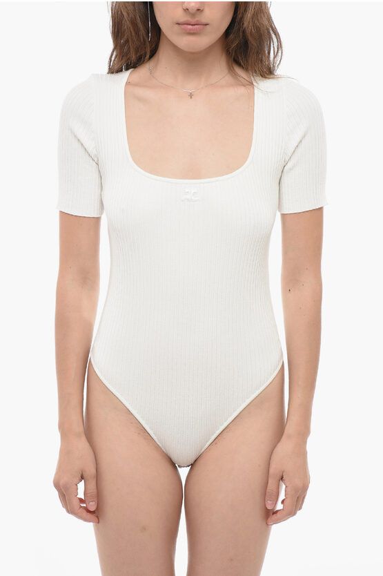 image of Courreges Short Sleeve Ribbed Bodysuit With Squared Neckline in White, Women's (Size Large)