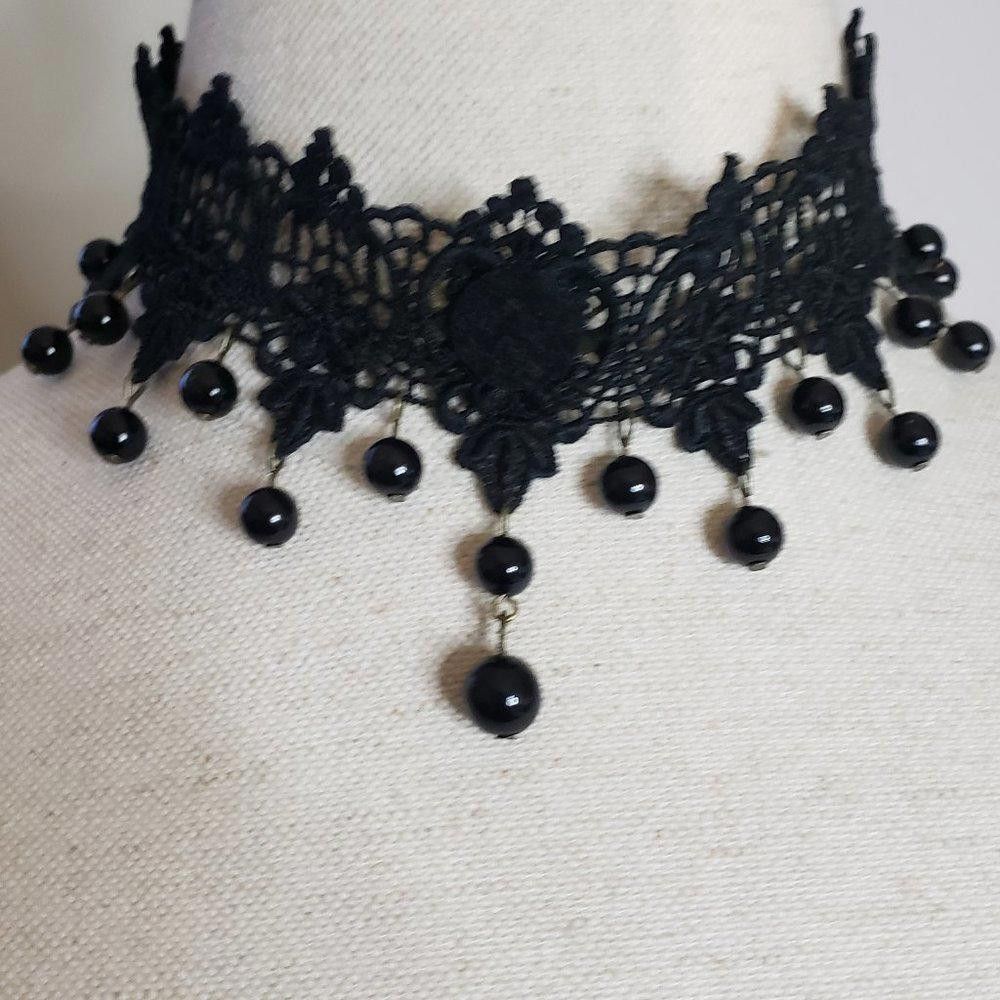 Designer Vintage Black Lace & Bead Choker-Small Size ONE SIZE - 6 Thumbnail