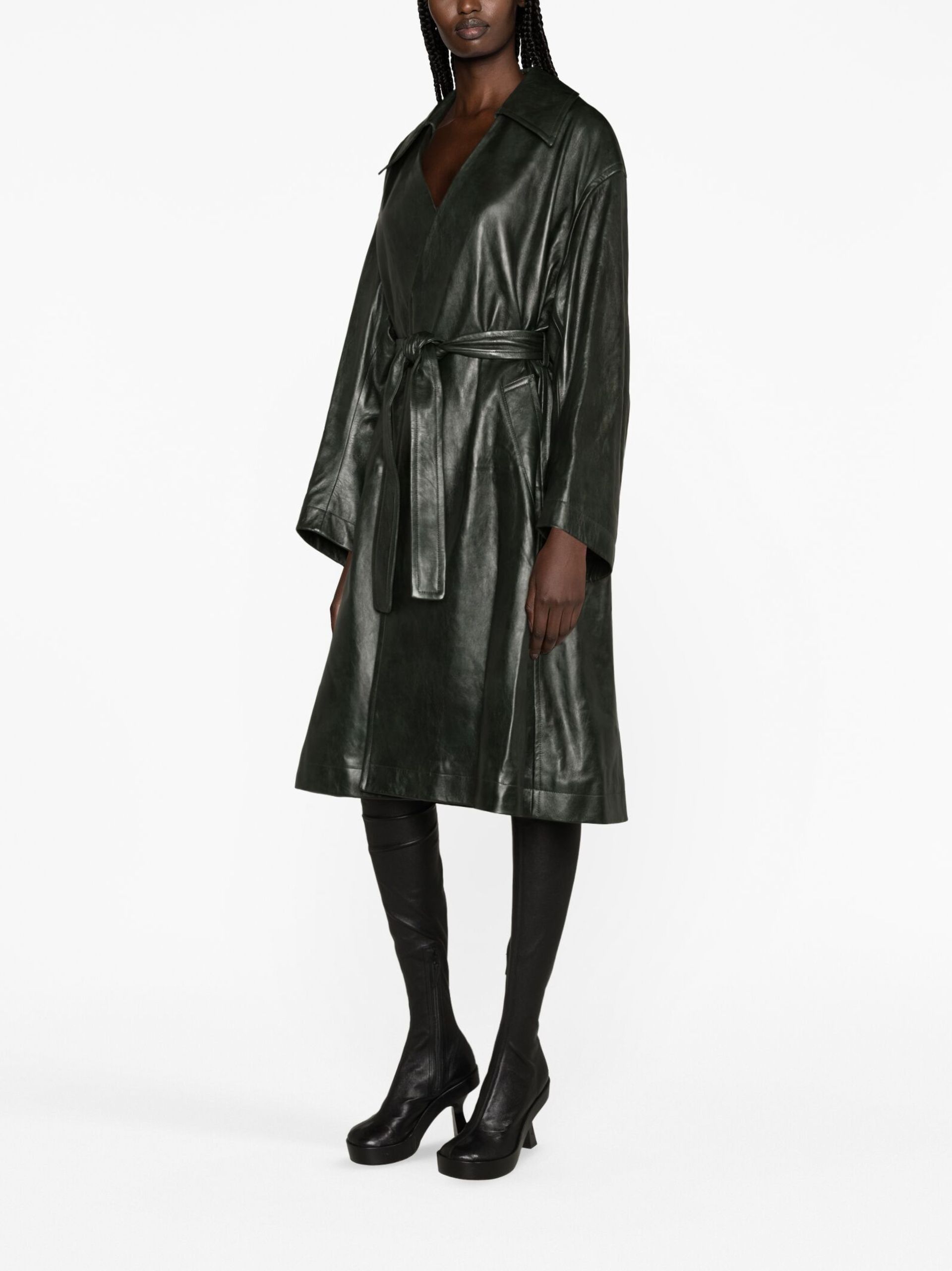 Bottega Veneta o1bcso1str0225 Leather Kimono Belted Coat in Dark Green Size XS / US 0-2 / IT 36-38 - 4 Thumbnail