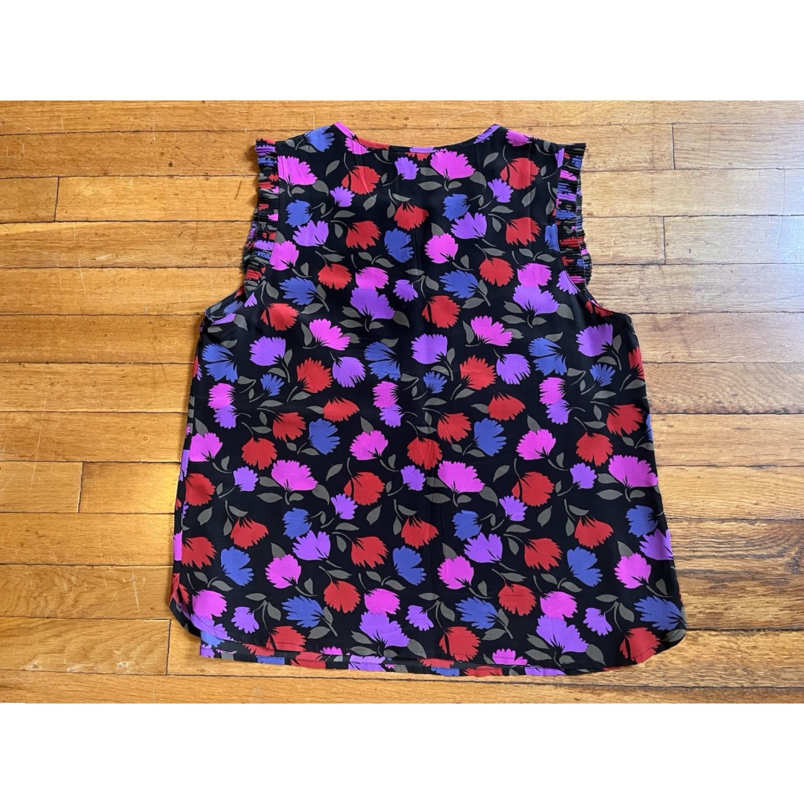 J.Crew J Crew Painted Pansy Floral Ruffle Silk Blouse Women’s 12P Pink Purple Red Multicolor Floral Sleeveless V-Neck Blouse Size XL / US 12-14 / IT 48-50 - 7 Thumbnail