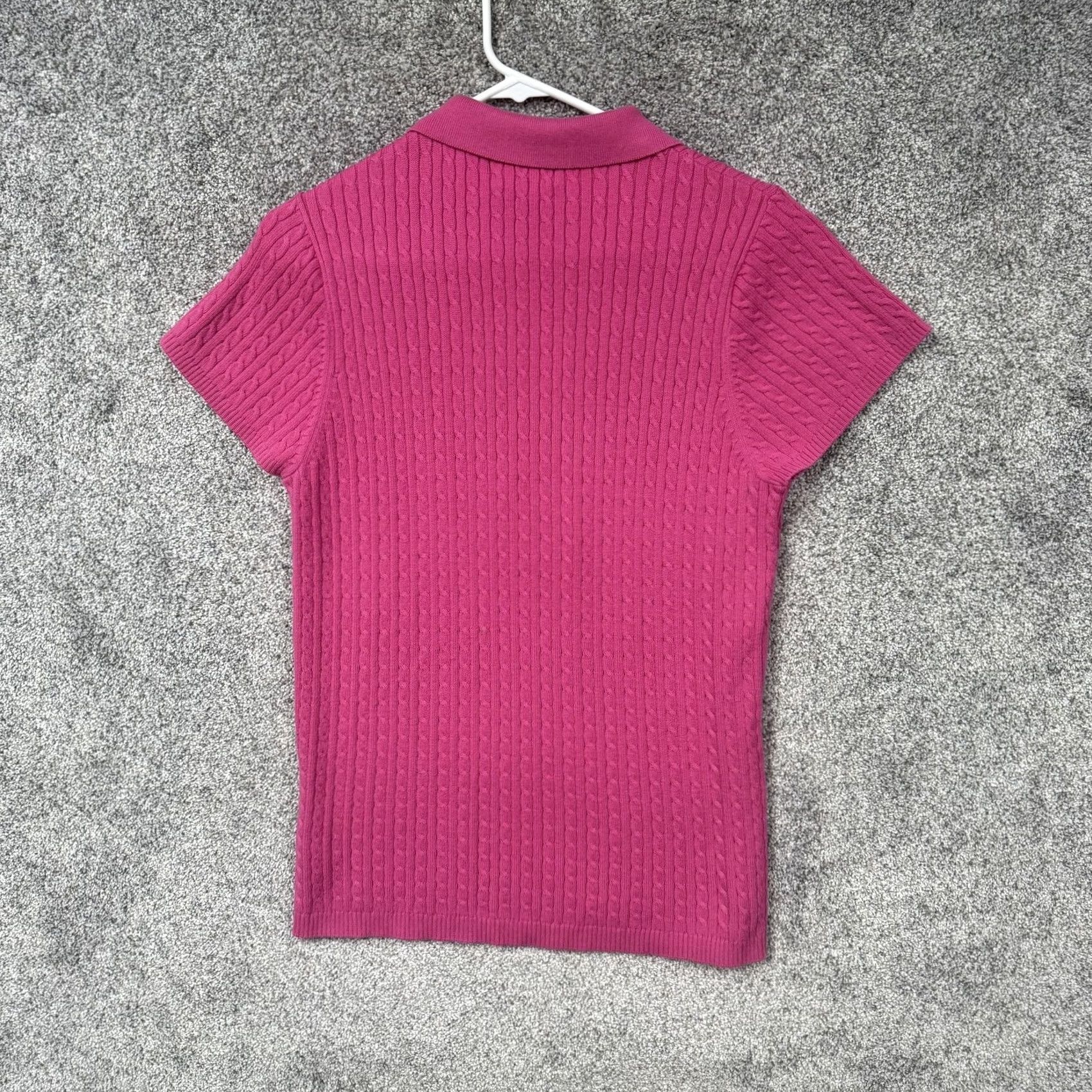Vintage 525 America Sweater Pink Short Sleeve Cable-Knit Polo Collared Pullover XL Womens Slim Fit Light Knit Preppy Spring Coquette 90s Y2K Inspired Size XL / US 12-14 / IT 48-50 - 6 Thumbnail