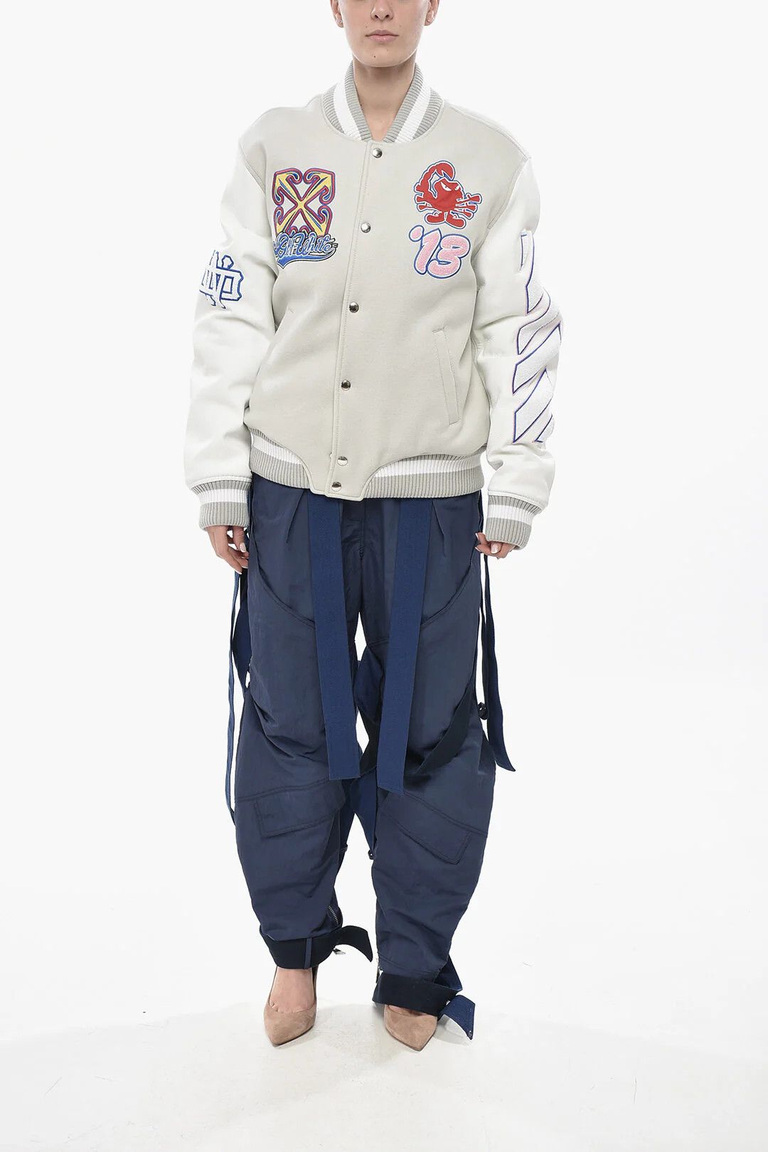 Off-White og1mm0426 Leather Sleeves & Patches Wool Bomber Jacket Grey Size M / US 6-8 / IT 42-44 - 4 Thumbnail