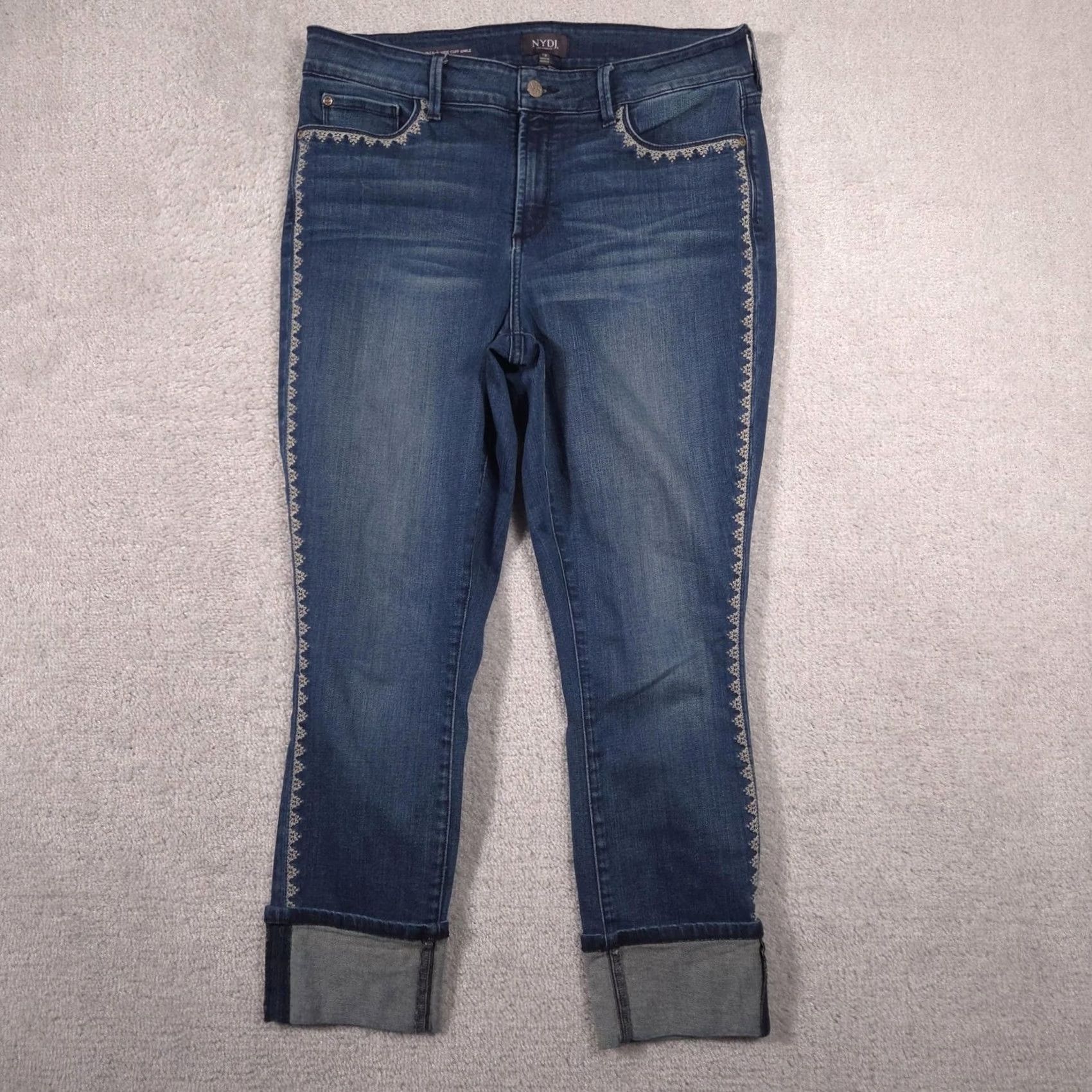 NYDJ NYDJ Alina Wide Cuff Ankle Jeans Womens 12 Blue Mid Rise Stretch Embroidered Size 34" / US 12 / IT 48 - 2 Thumbnail