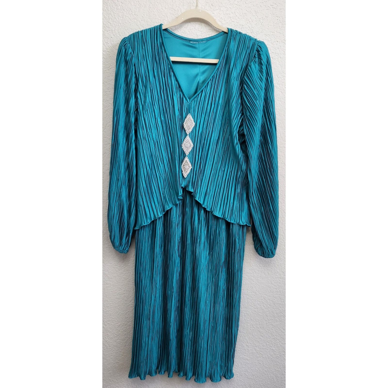 Other Green Blue Teal Pleated Material Beaded Rhinestone Dress 16 Size XXL / US 16-18 / IT 52-54 - 1 Thumbnail