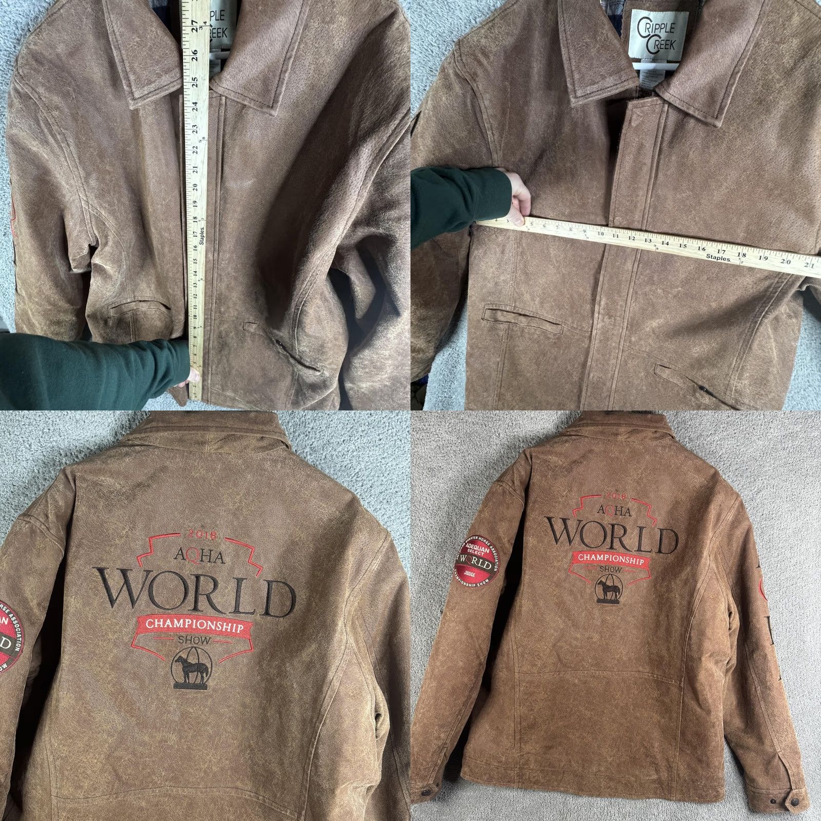 Vintage Cripple Creek Mens Large Brown Leather Bomber Jacket AQHA World Championship Show Judge Patch Embroidered Zipper Parkas & Coats Style M19708A Size US L / EU 52-54 / 3 - 9 Thumbnail