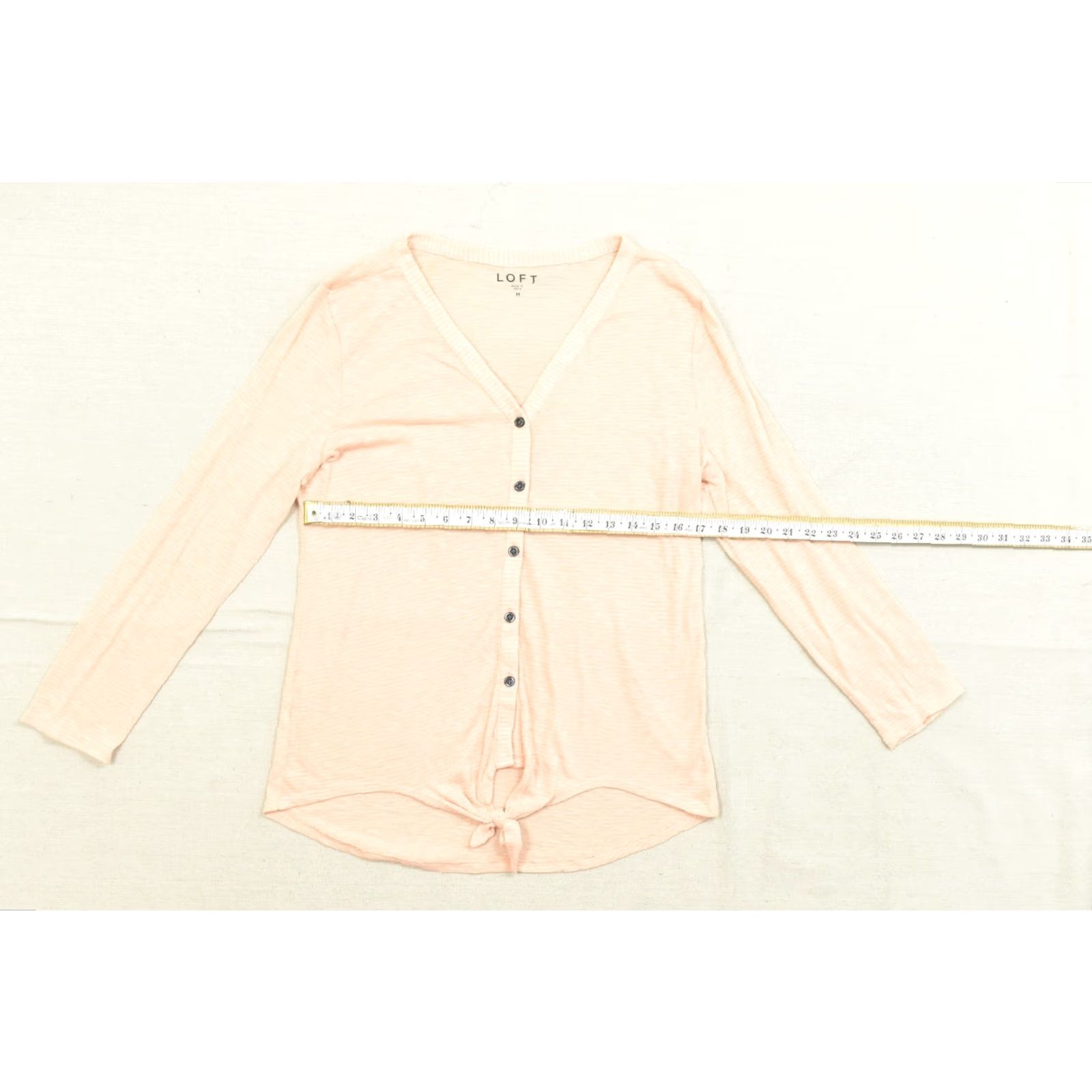 Loft LOFT Women's M Peach Striped Long Sleeve V-Neck Button Down Tie Front Top Blouse Shirt Womens Regular Pink Size M / US 6-8 / IT 42-44 - 3 Thumbnail