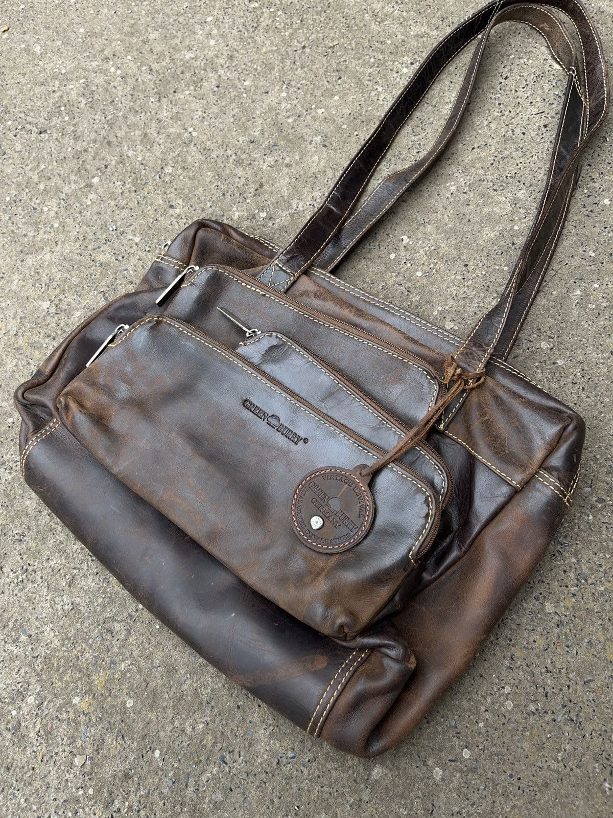 Genuine Leather × Vintage Vintage Green Burry Asymmetrical Faded Leather Pocket Bag Size ONE SIZE - 3 Thumbnail
