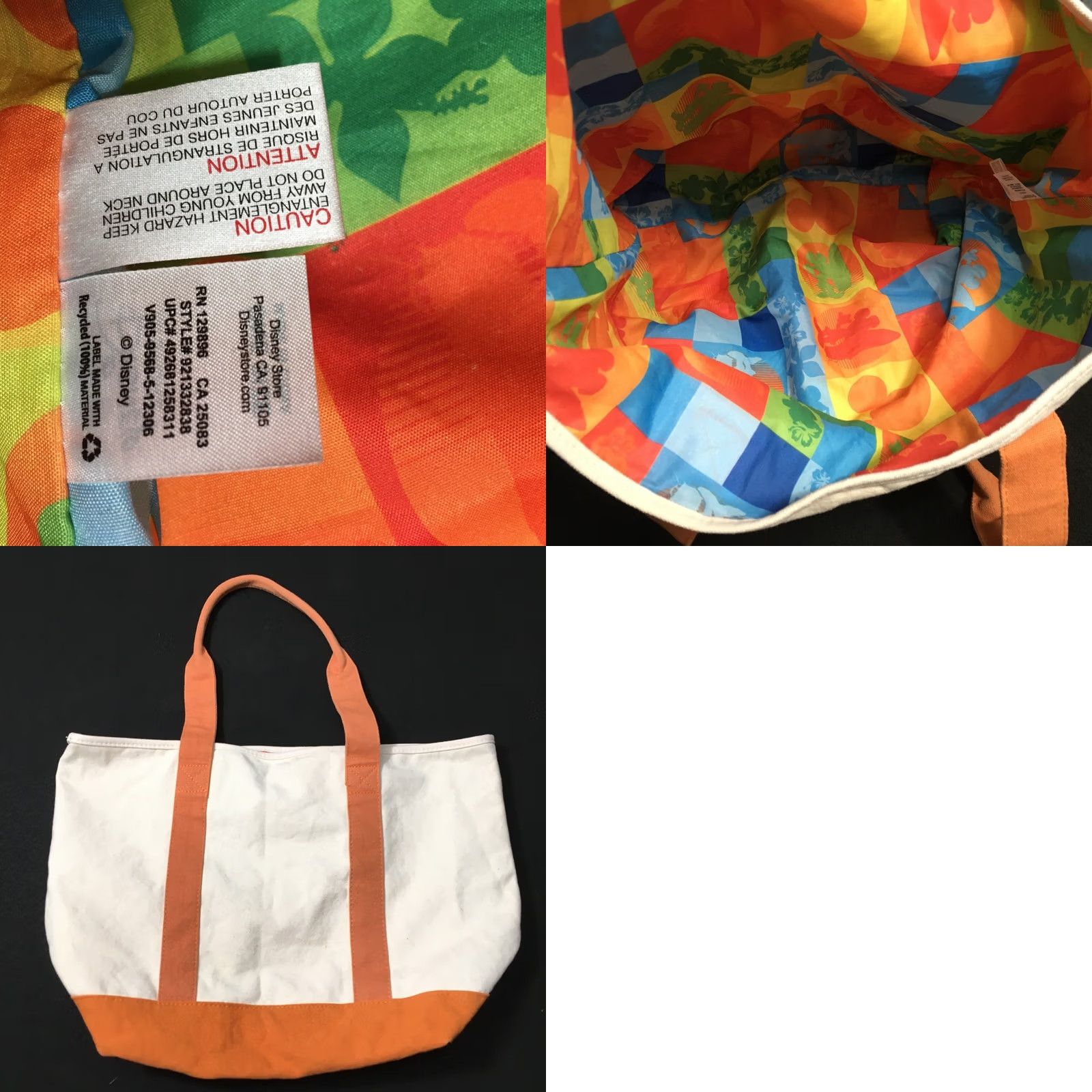 Vintage DISNEY STORE MICKEY Floral Tote Bag Purse ORANGE WHITE CREAM Size ONE SIZE - 8 Thumbnail