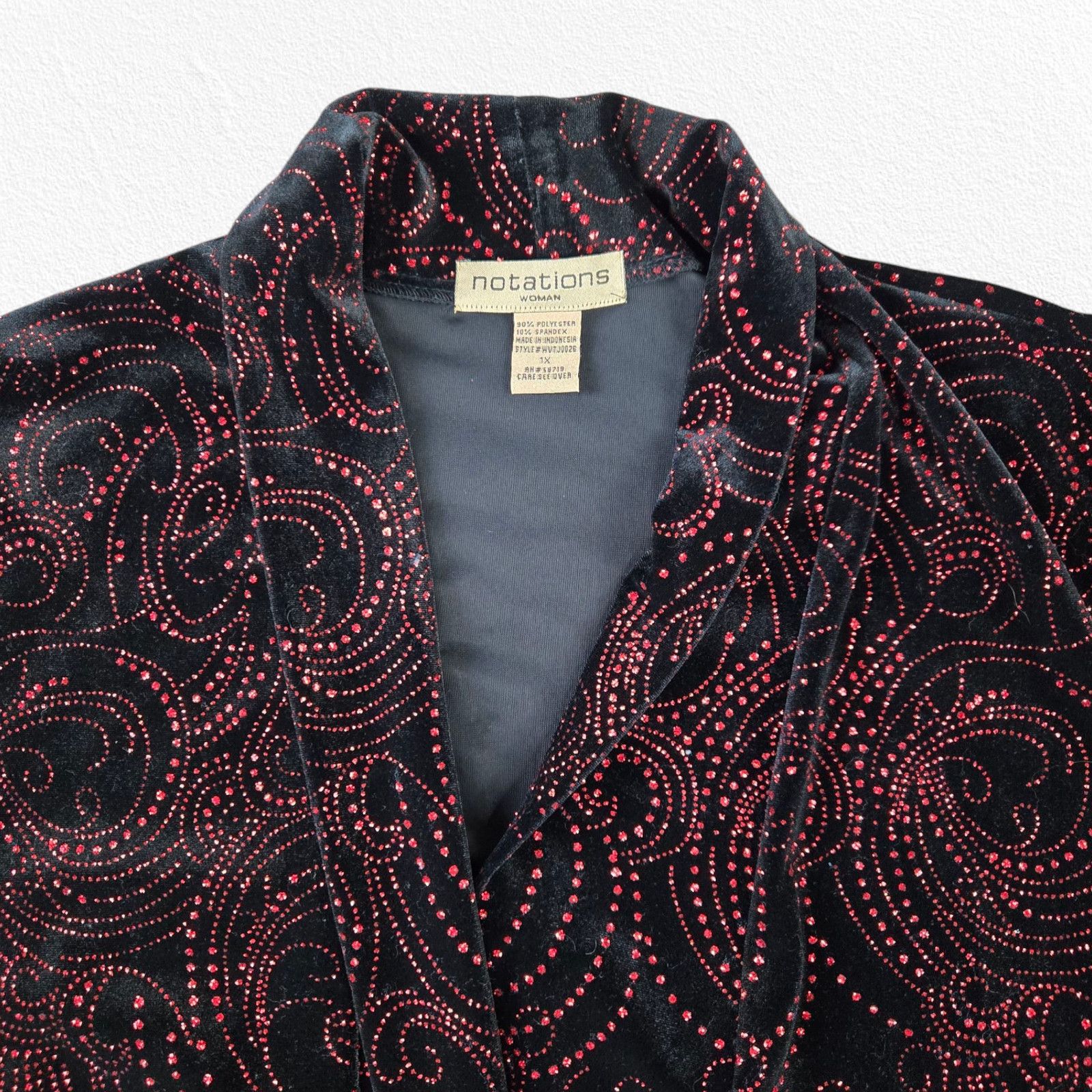 Vintage Y2K Black Red Glitter Velvet Open Front Jacket Size 1X Size XXL / US 16-18 / IT 52-54 - 3 Thumbnail