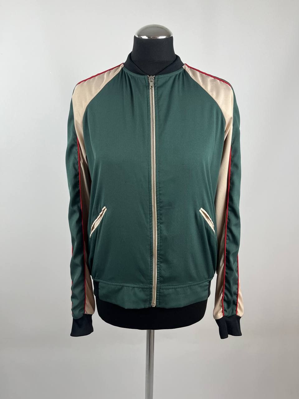Pinko PINKO Embroidered Rose Satin Bomber Jacket - Green/Beige Size S / US 4 / IT 40 - 1 Thumbnail