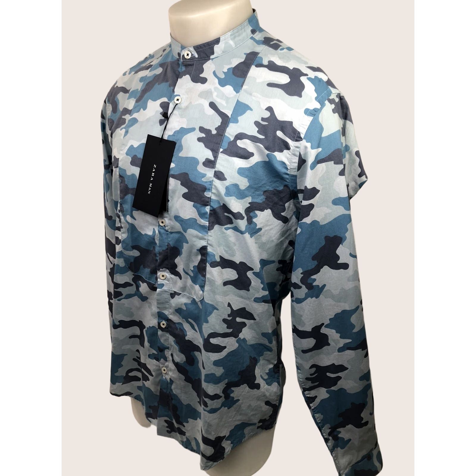 Zara ZARA MAN Camouflage Slim Shirt Collarless Blue S Short Sleeve? Size US S / EU 44-46 / 1 - 1 Thumbnail