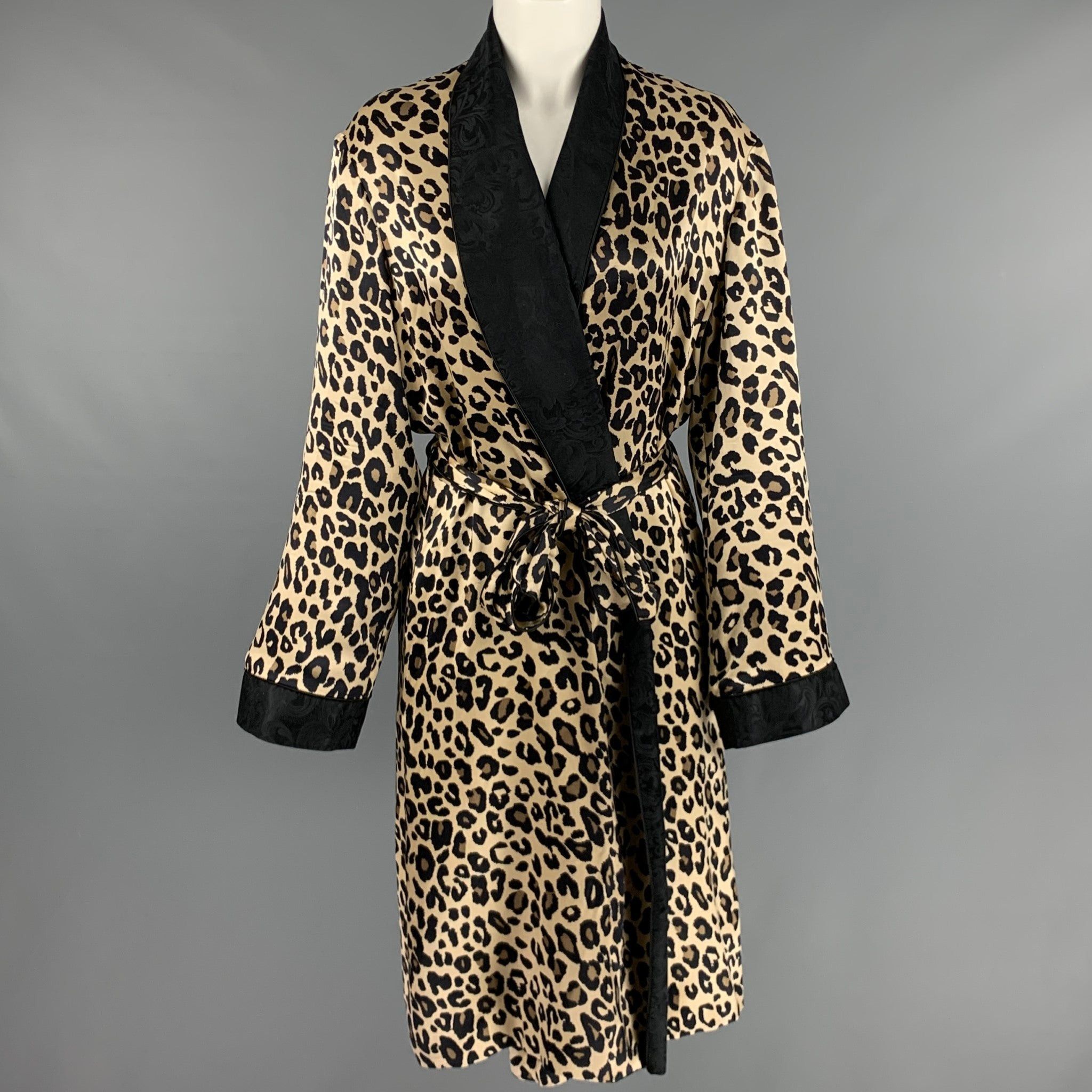 image of Paul Stuart Black Beige Silk Animal Print Bathrobe, Women's (Size Medium)