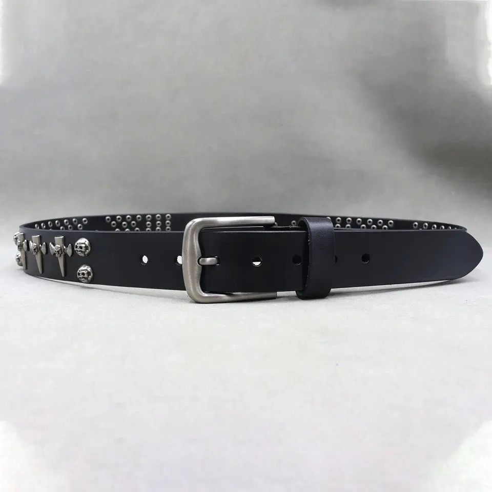 Leather Studded Skull Punk Rock Split Leather Belt Size ONE SIZE - 3 Thumbnail