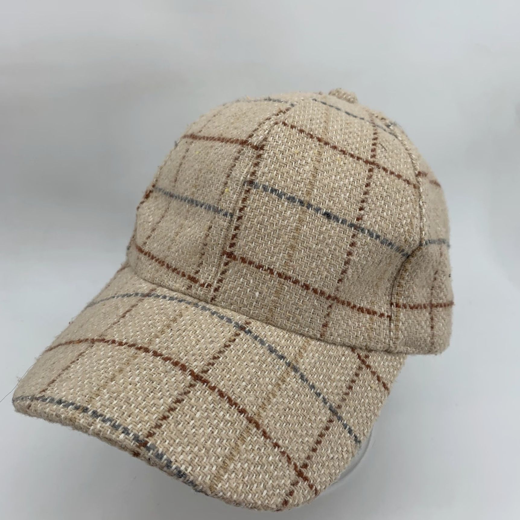 Anthropologie Anthropologie Hat Beige Tweed Plaid Adjustable Cap Strap Back Womens Baseball Cap Modern Casual Filigree Beadwork Size ONE SIZE - 2 Thumbnail