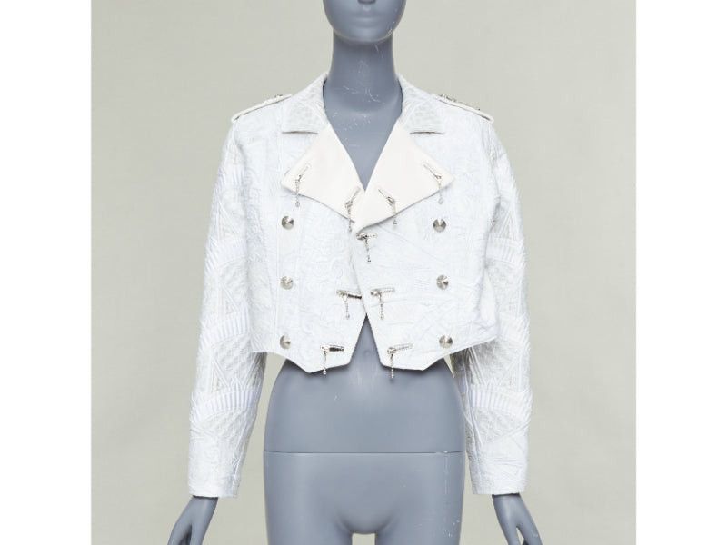 LOUIS VUITTON 2020 Runway ivory silver brocade silk military cropped biker jacket FR36 S