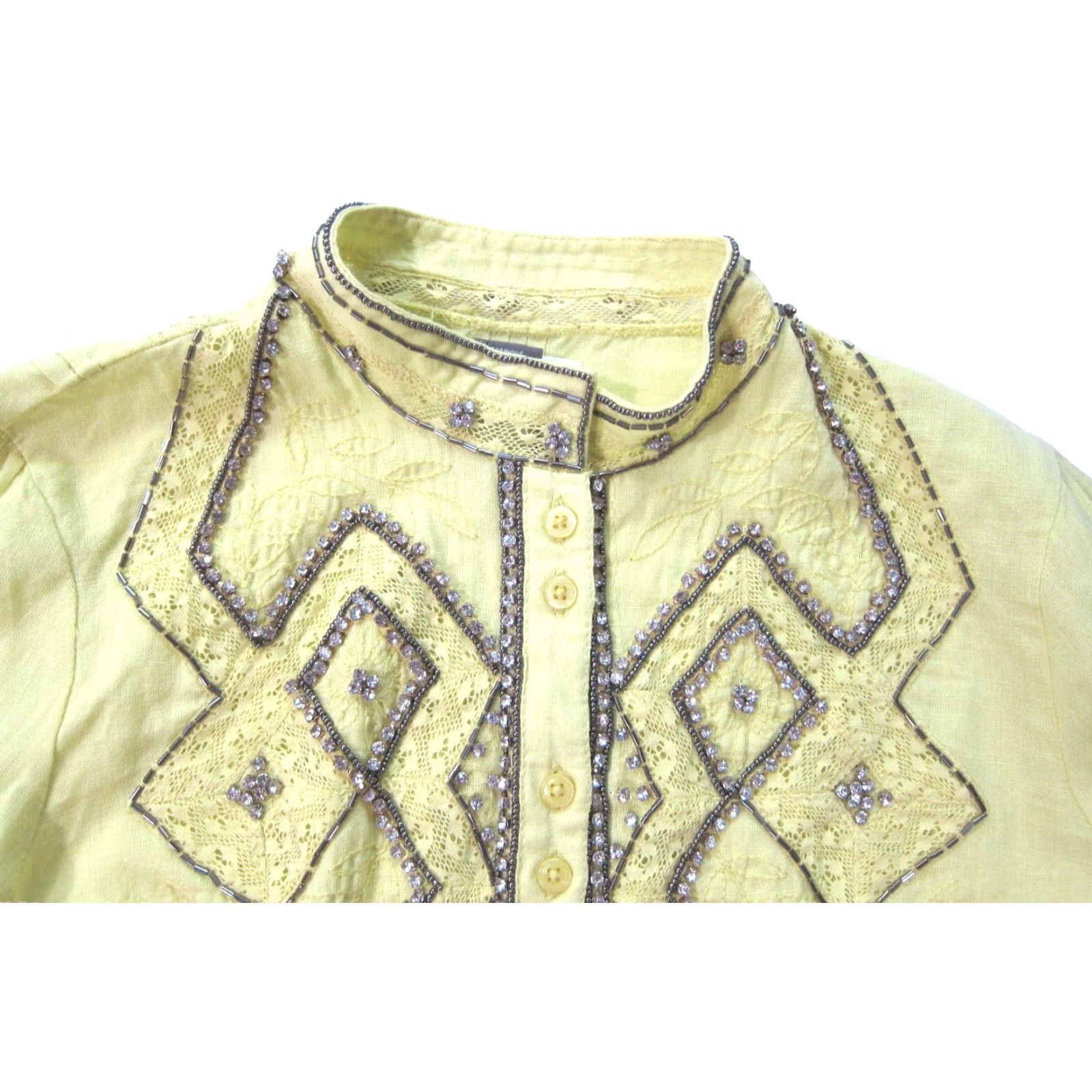 Vintage VINTAGE Anthropologie Pilcro Yellow Cotton Nayeli Beaded Rhinestone Button Down Shirt XS Size XS / US 0-2 / IT 36-38 - 3 Thumbnail