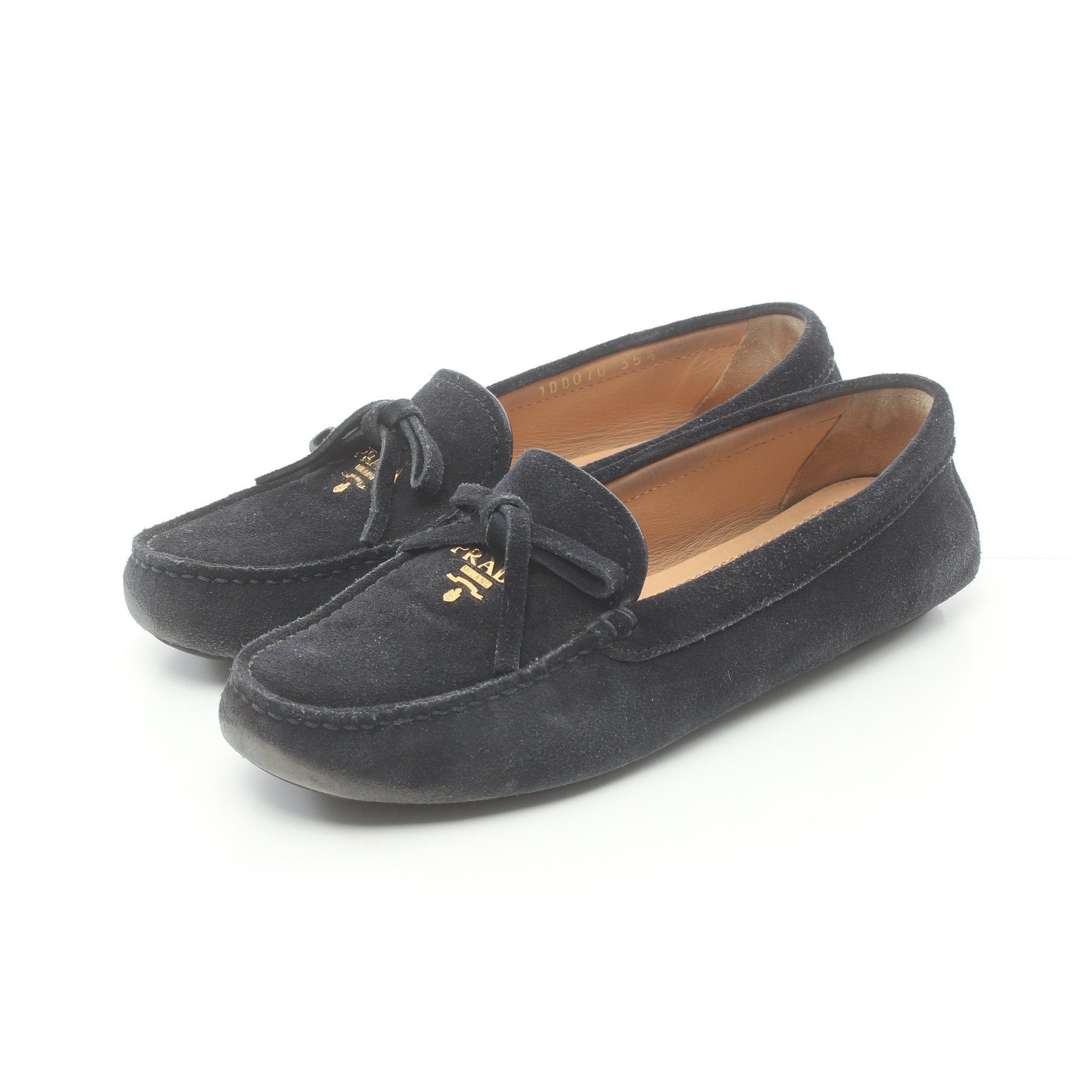 image of Prada Driving Shoes Moccasins Suede Navy Logo, Women's