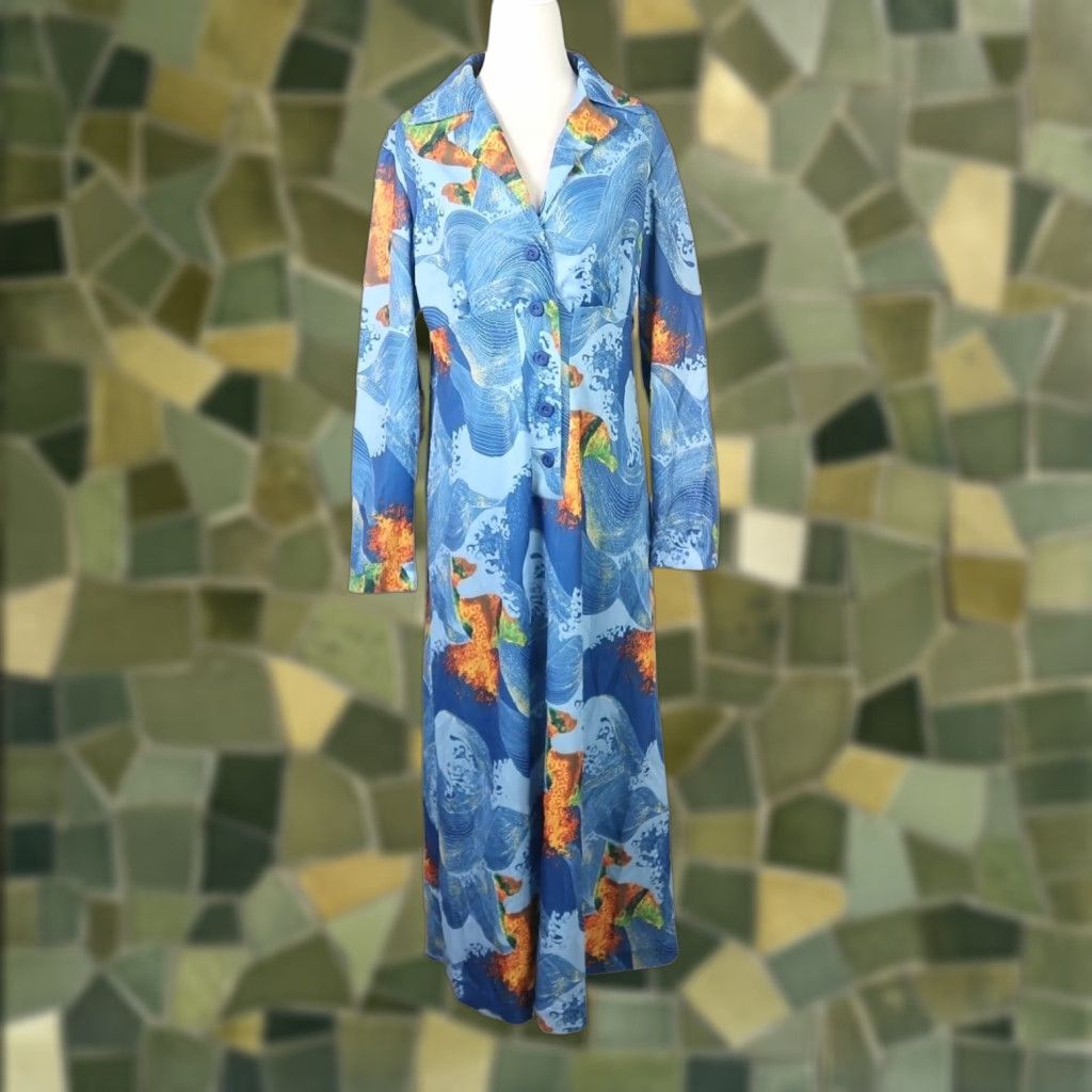 VINTAGE 70s Abstract Groovy Wave Lava Print Maxi Shirt Dress L Blue Long Sleeve Button Polyester Women