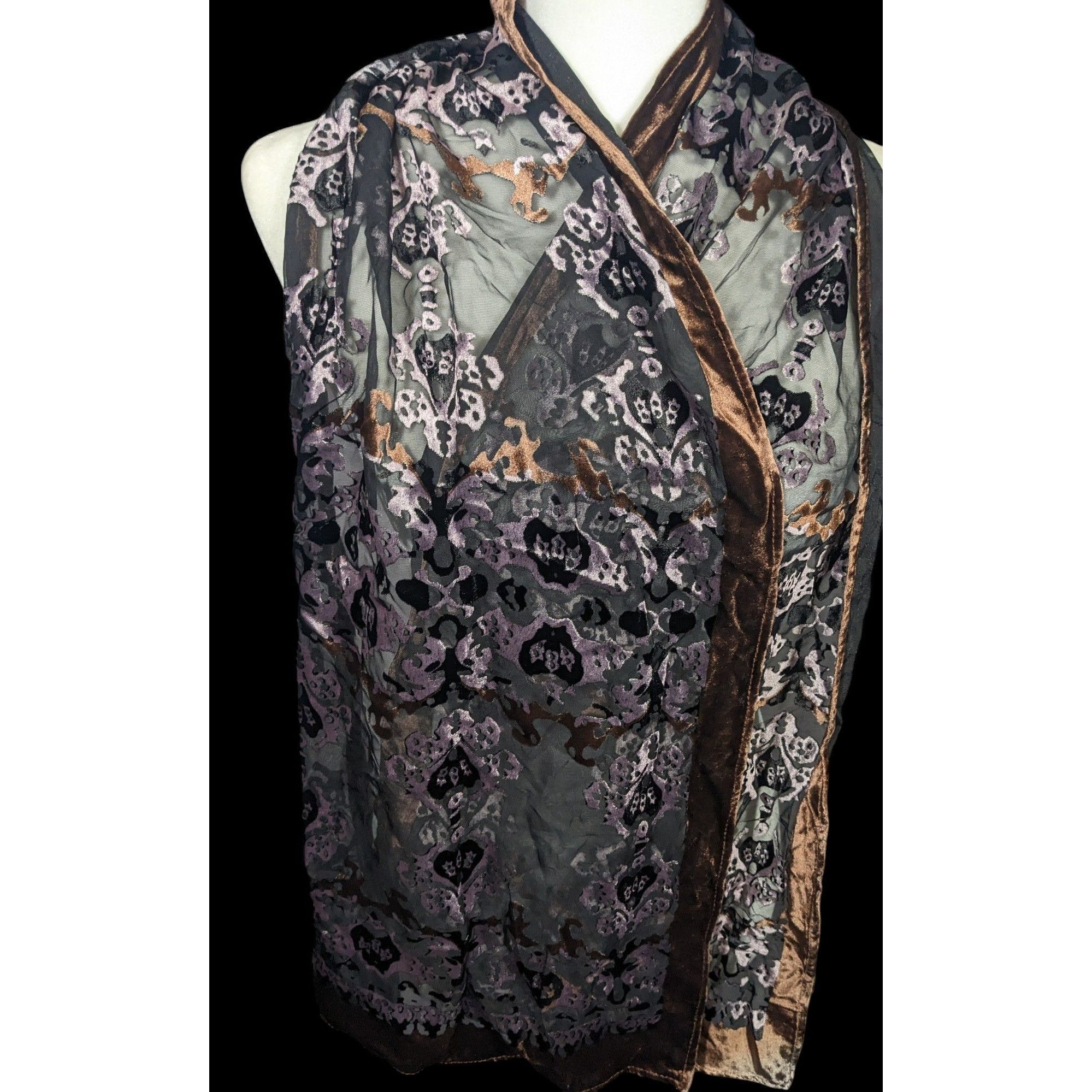 Other Brown And Lilac Gothic Damask Velvet Burnout Scarf Size ONE SIZE - 5 Thumbnail