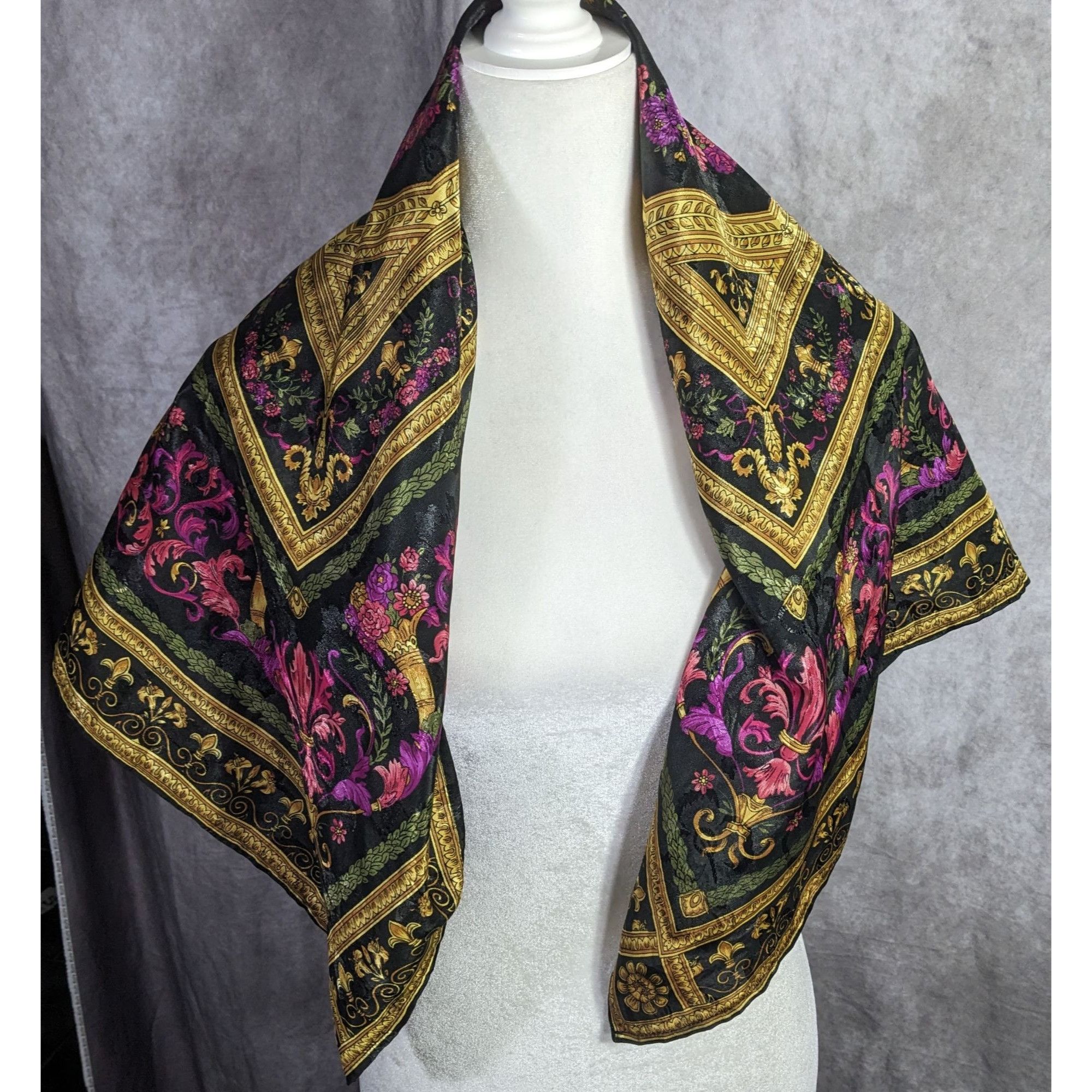 Other Vintage Floral Embossed Scarf 34"x34" Ornate Black Gold Pink Size ONE SIZE - 11 Thumbnail