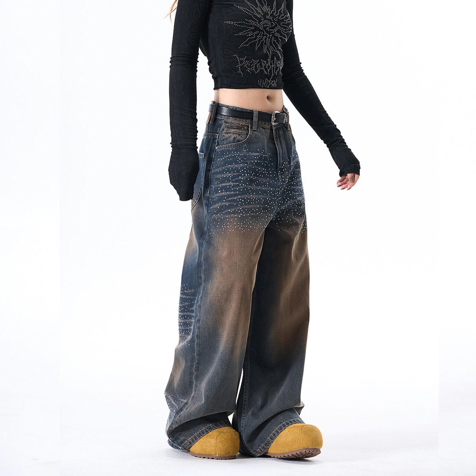 Vintage Wide Leg Baggy Denim Jeans, Studded Baggy Jeans Size 28" / US 6 / IT 42 - 3 Thumbnail