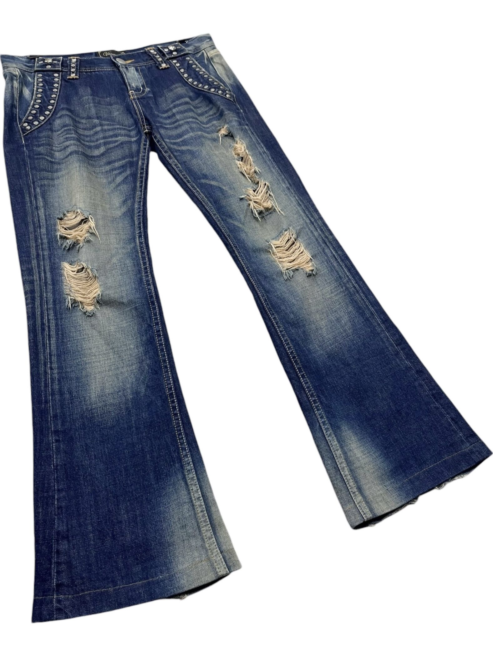 🔥FYE🔥Vintage VANQUISH Designer Punk Studded Ripped Flare